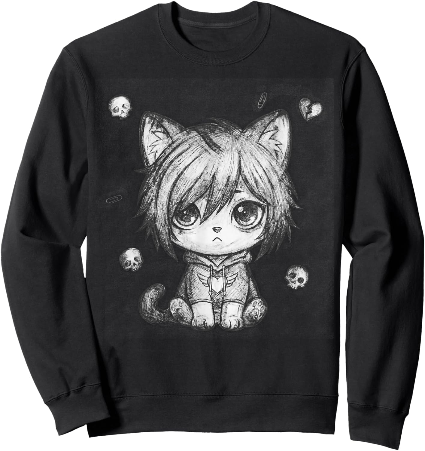 Sad Emo Cat in Aesthetic Grunge Sketch Art Sweatshirt - Sweatshirt | Black
