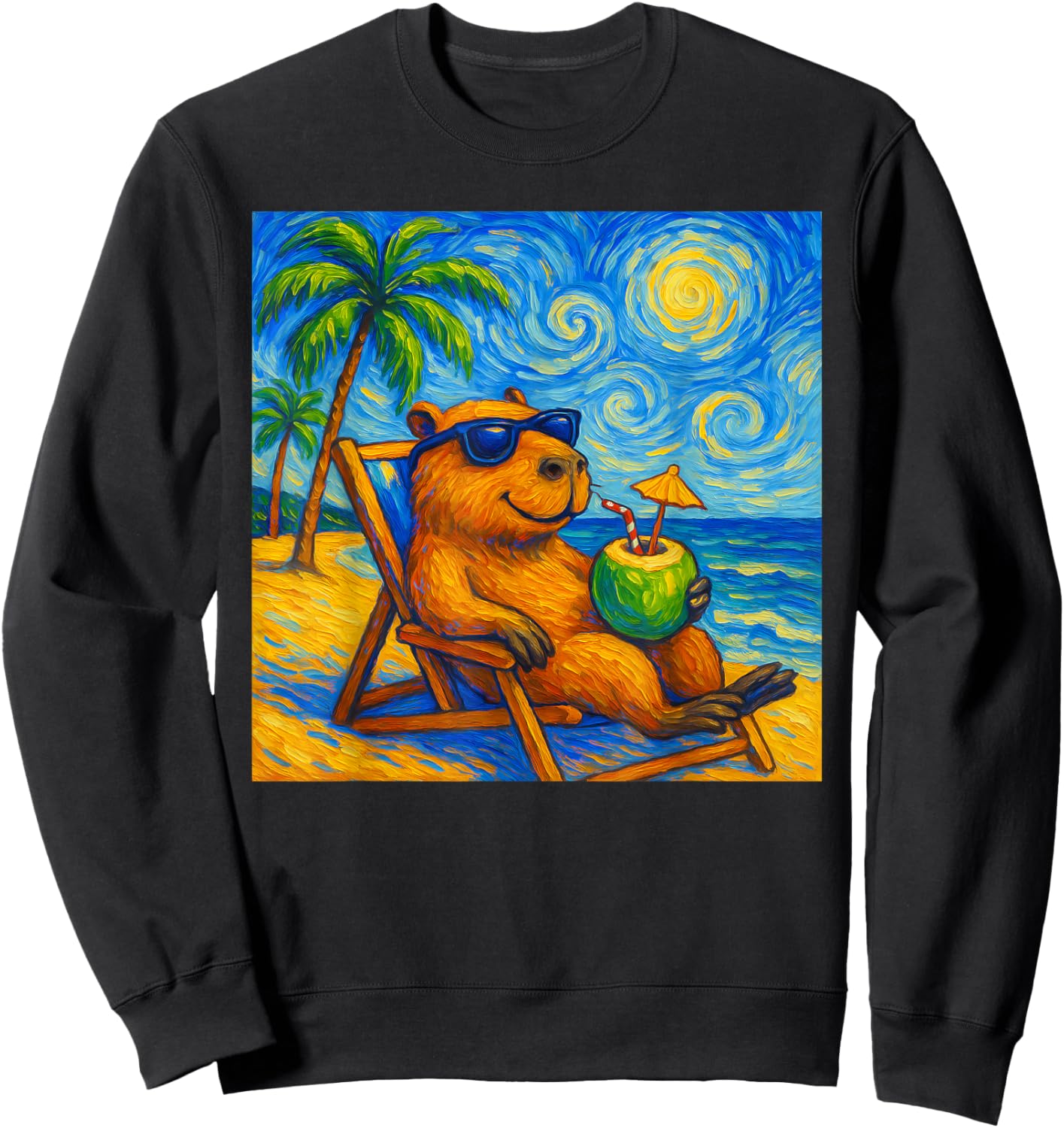 Capybara Van Gogh Art Funny Beach Summer Family Vacation Sweatshirt - Sweatshirt | Black