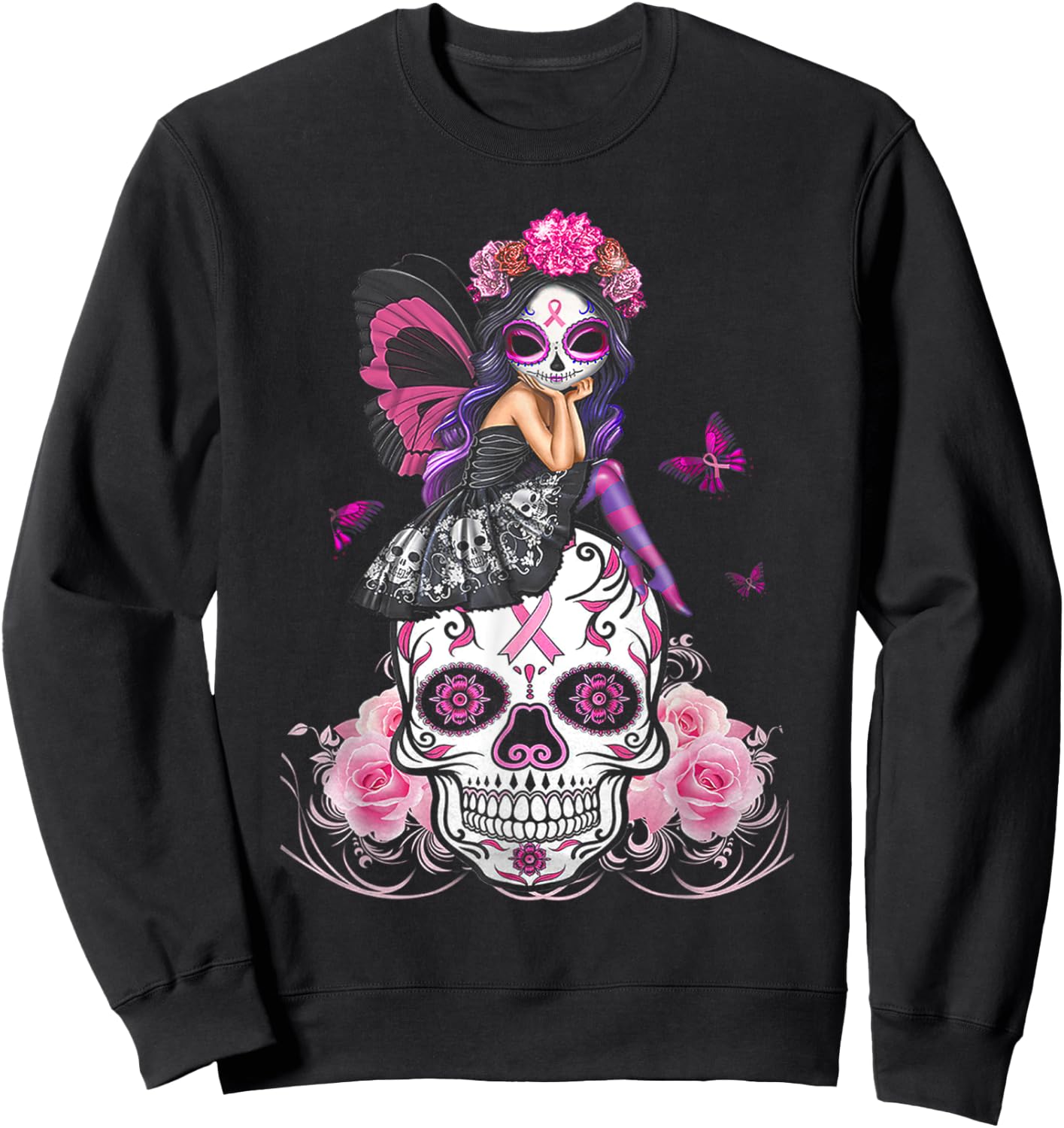 Fairy Sugar Skull Breast Cancer Butterfly Pink Ribbon Woman Sweatshirt - Sweatshirt | Black