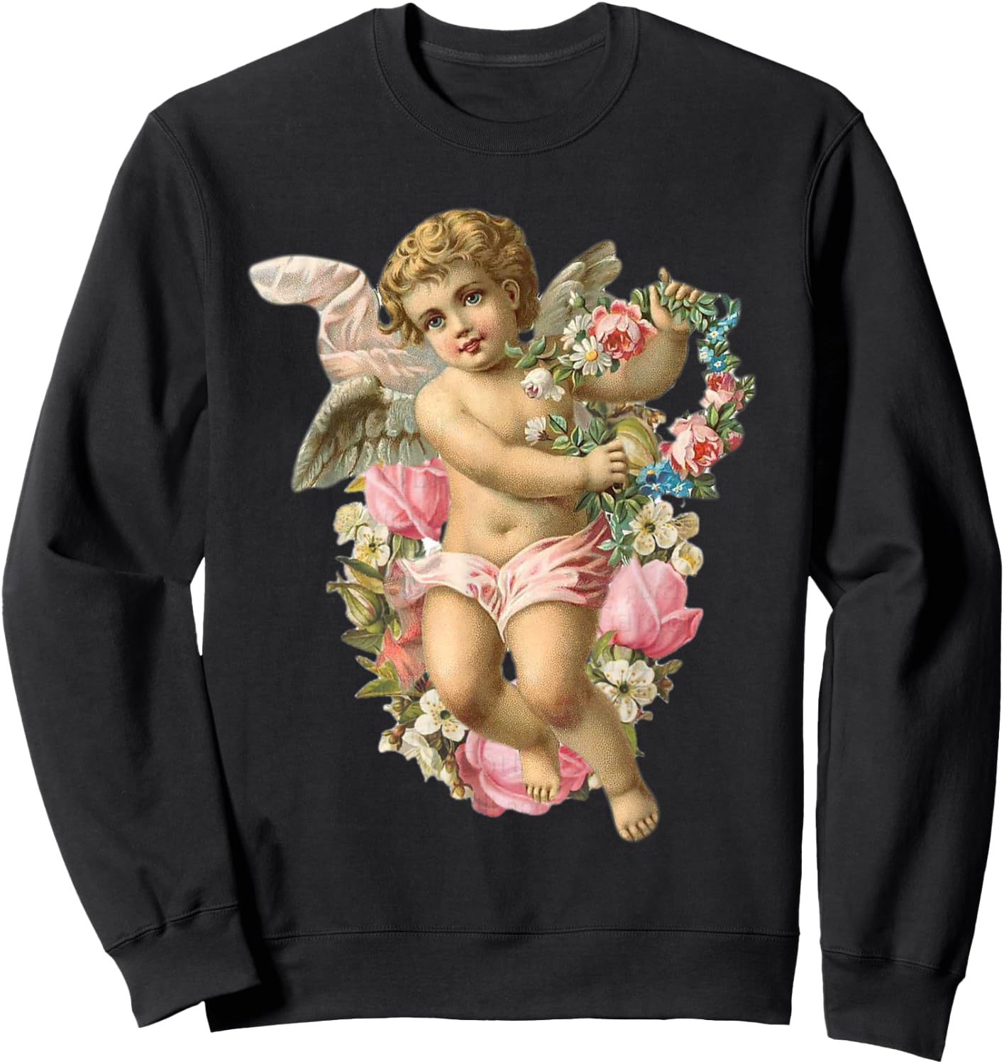 Angelic Vintage Cherub with Daisies & Pink roses Sweatshirt - Sweatshirt | Black
