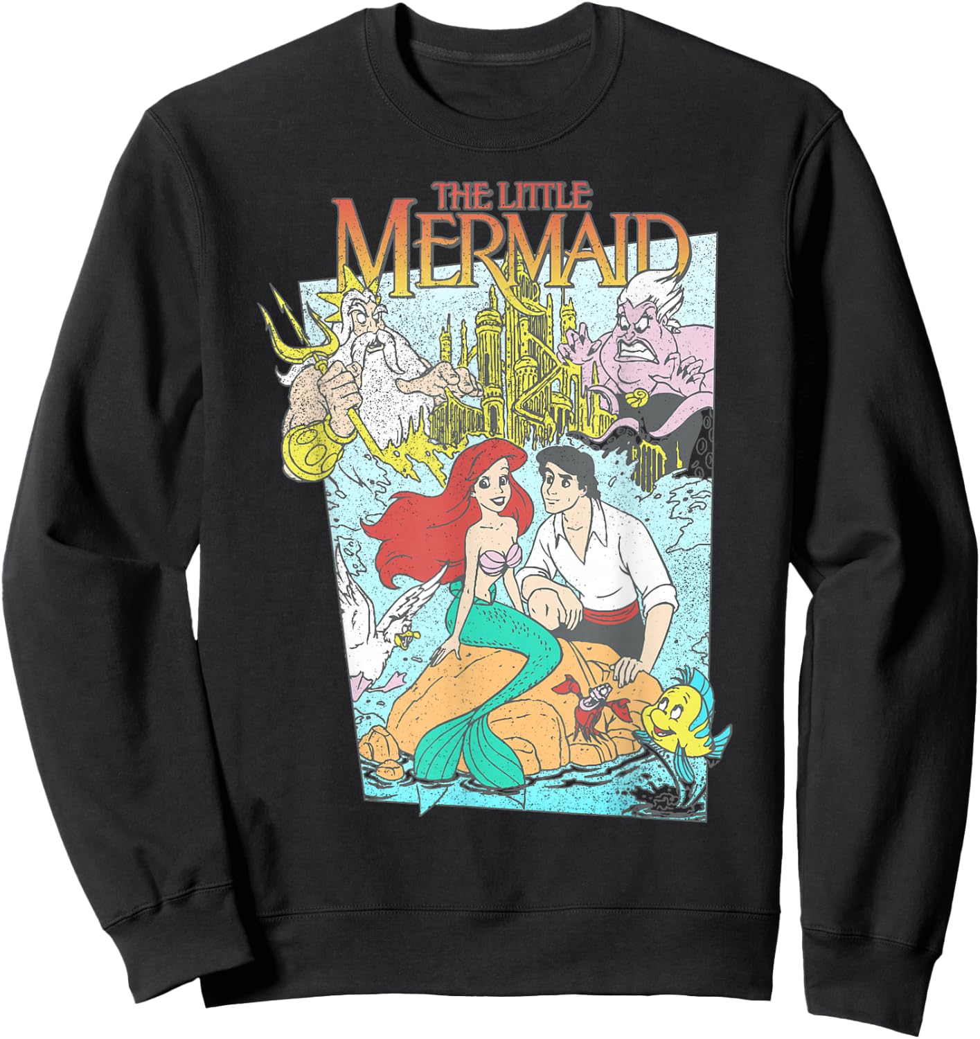 Disney The Little Mermaid Vintage Retro Movie Cover Graphic Sweatshirt - Sweatshirt | Black