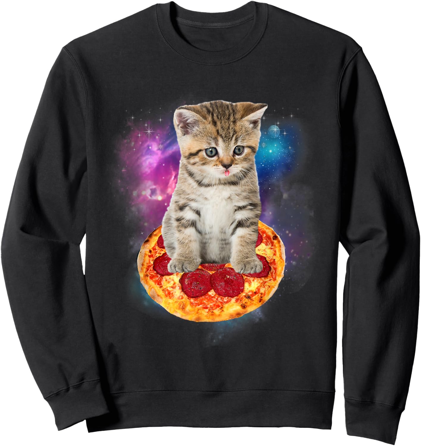 Funny Galaxy Cat Shirt | Space Cat Eat Pizza and Taco Shirt Men Women Kids Sweatshirt - Sweatshirt | Black