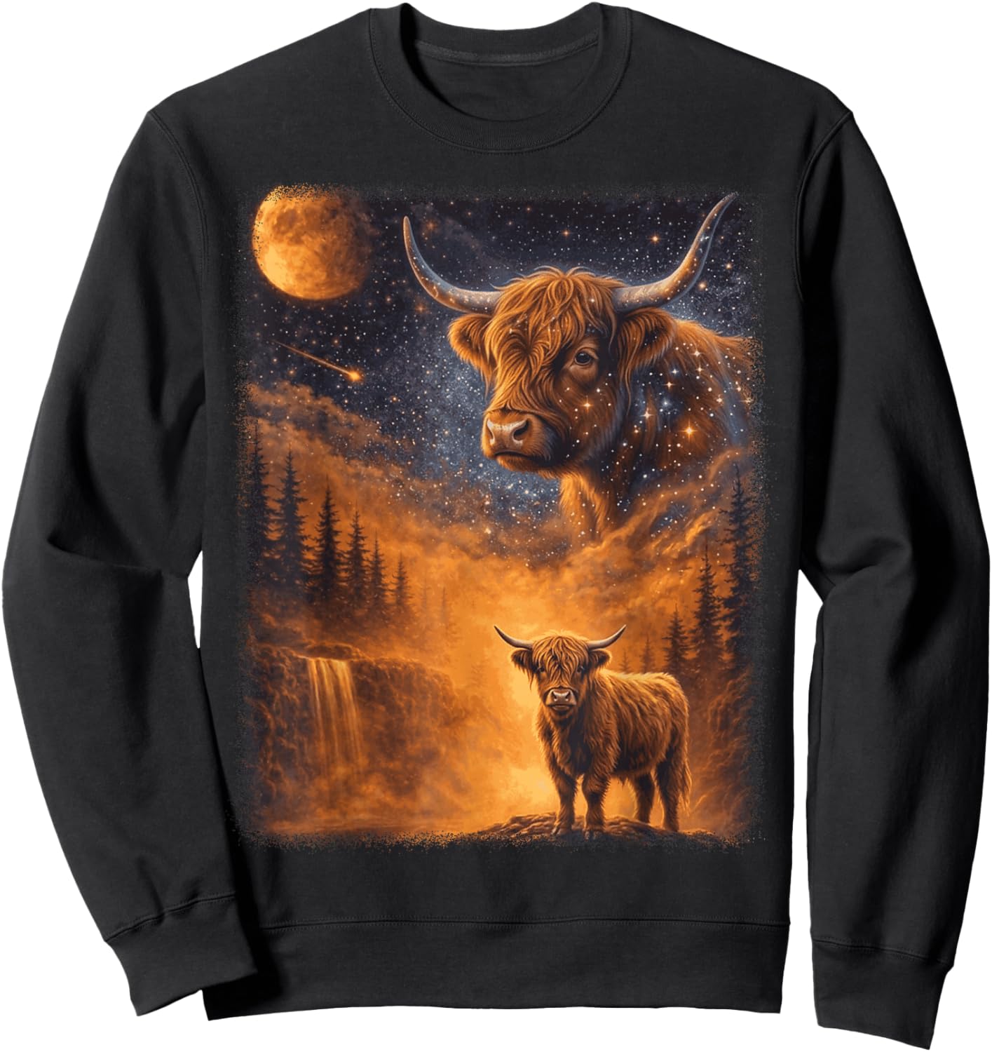 Highland Cow Howling to The Moon Funny Meme 90s Animal Lover Sweatshirt - Sweatshirt | Black