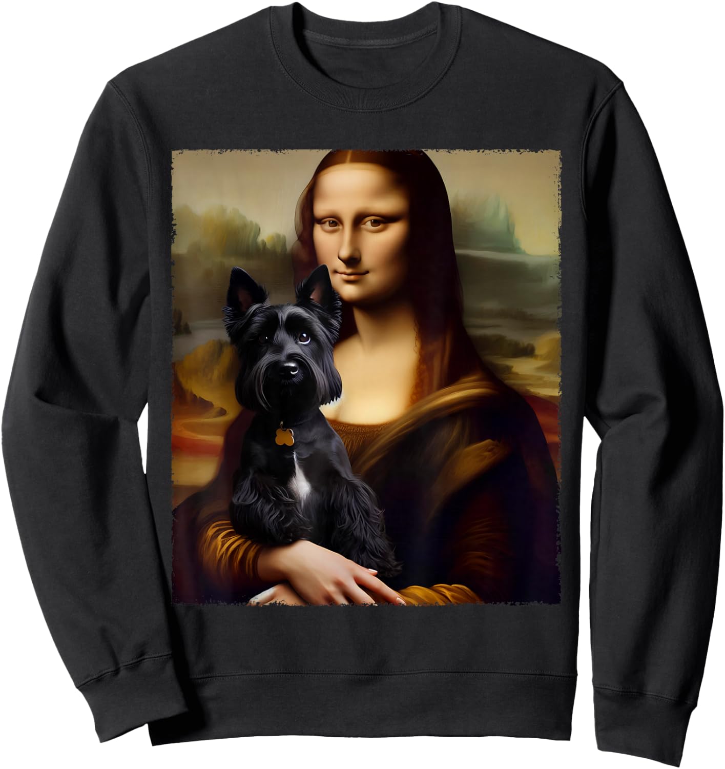 Mona Lisa Holding Scottish Terrier Portrait Art Dog Lover Sweatshirt - Sweatshirt | Black