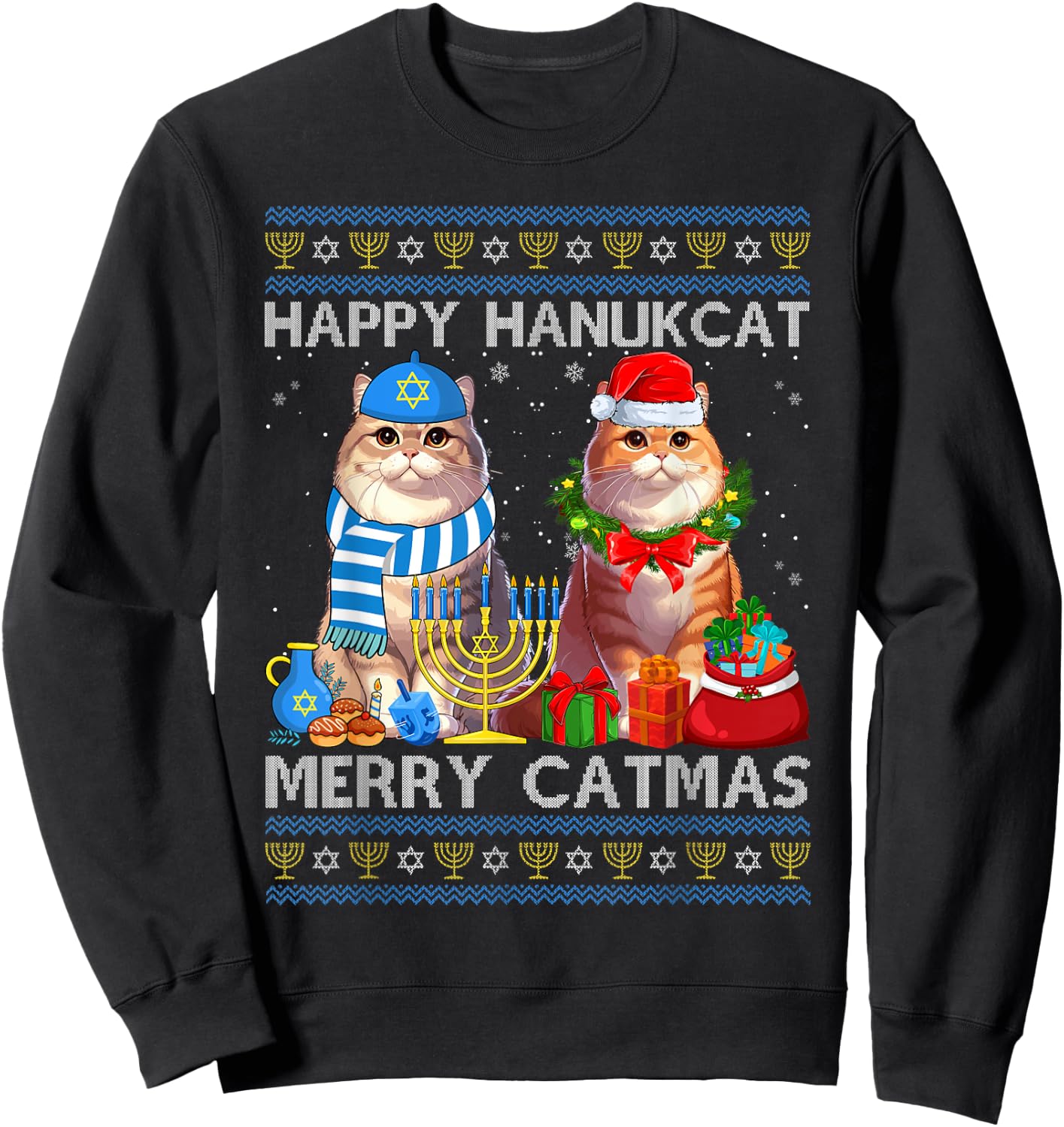 Happy Hanukcat Merry Catmas Ugly Christmas Chanukah Sweater Women Kids Sweatshirt - Sweatshirt | Black