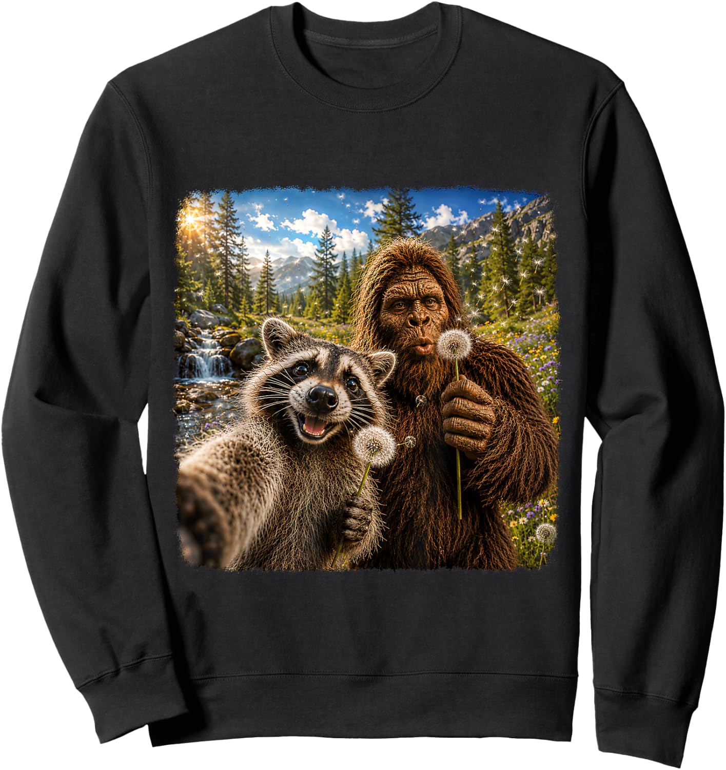 Funny Sasquatch Raccoon Dandelion Nature Lover Graphic Sweatshirt - Sweatshirt | Black