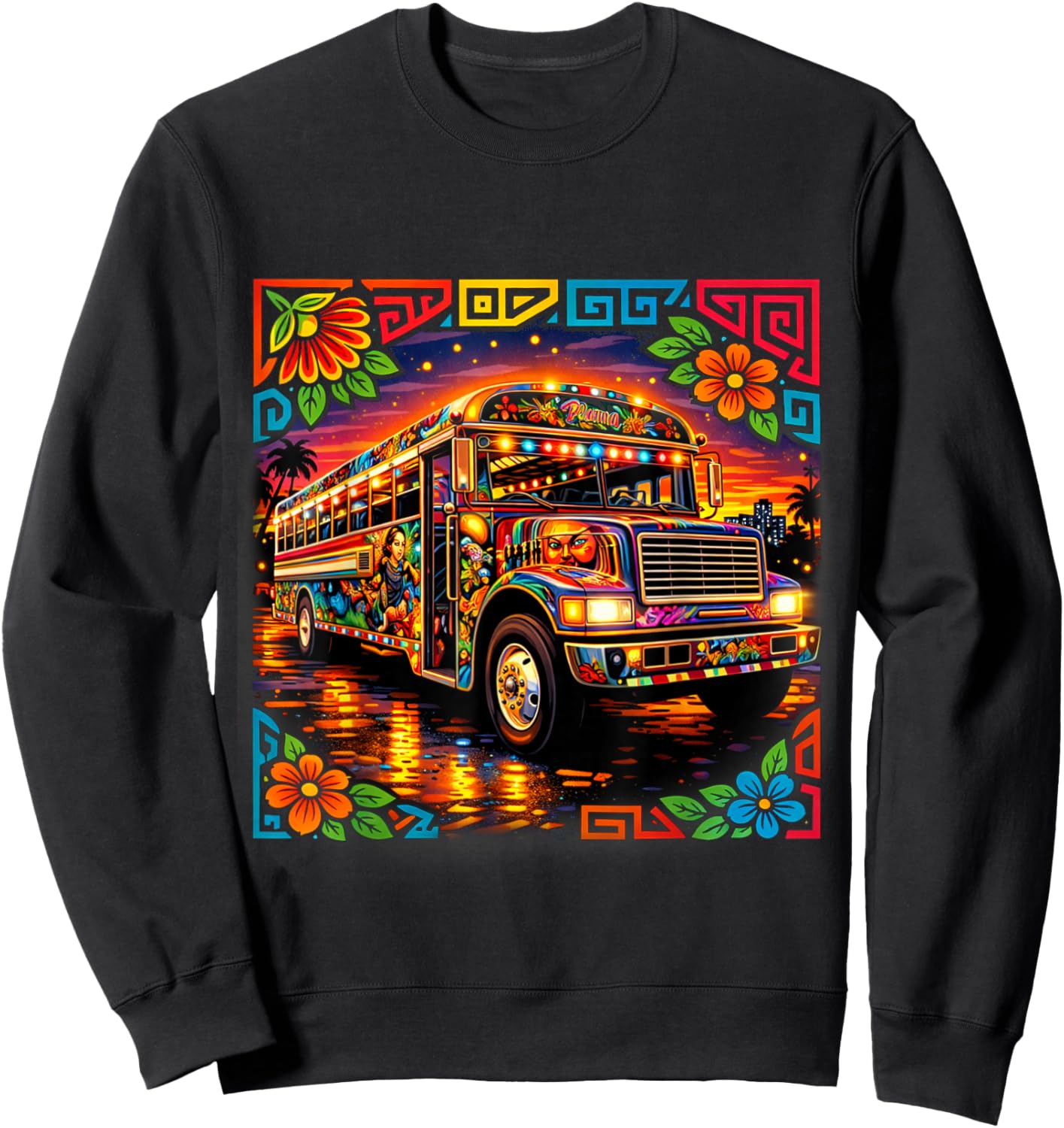 Diablo Rojo Bus Inspired by Mola Art Panama Cultural Design Sweatshirt - Sweatshirt | Black
