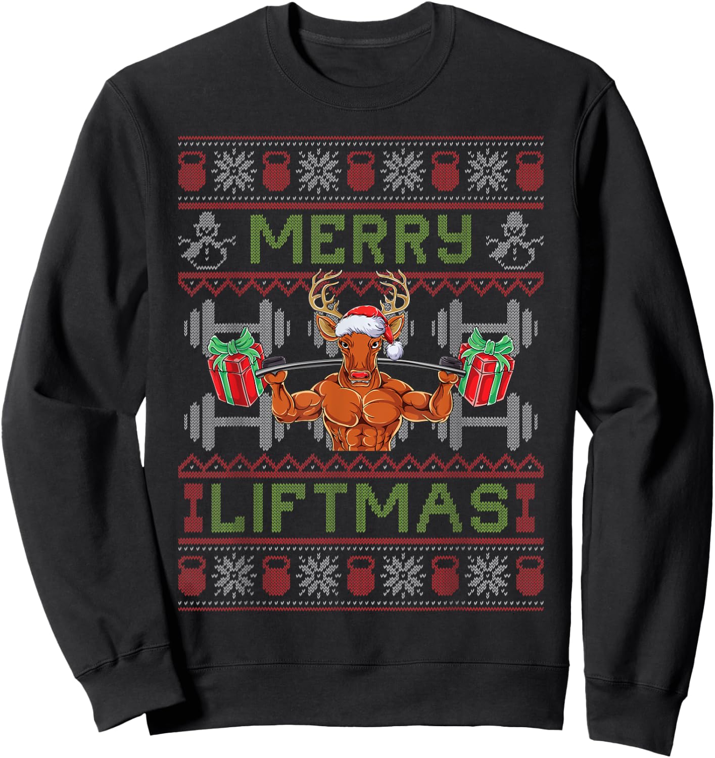 Merry Liftmas - Fitness Reindeer Santa Christmas Bodybuilder Sweatshirt - Sweatshirt | Black