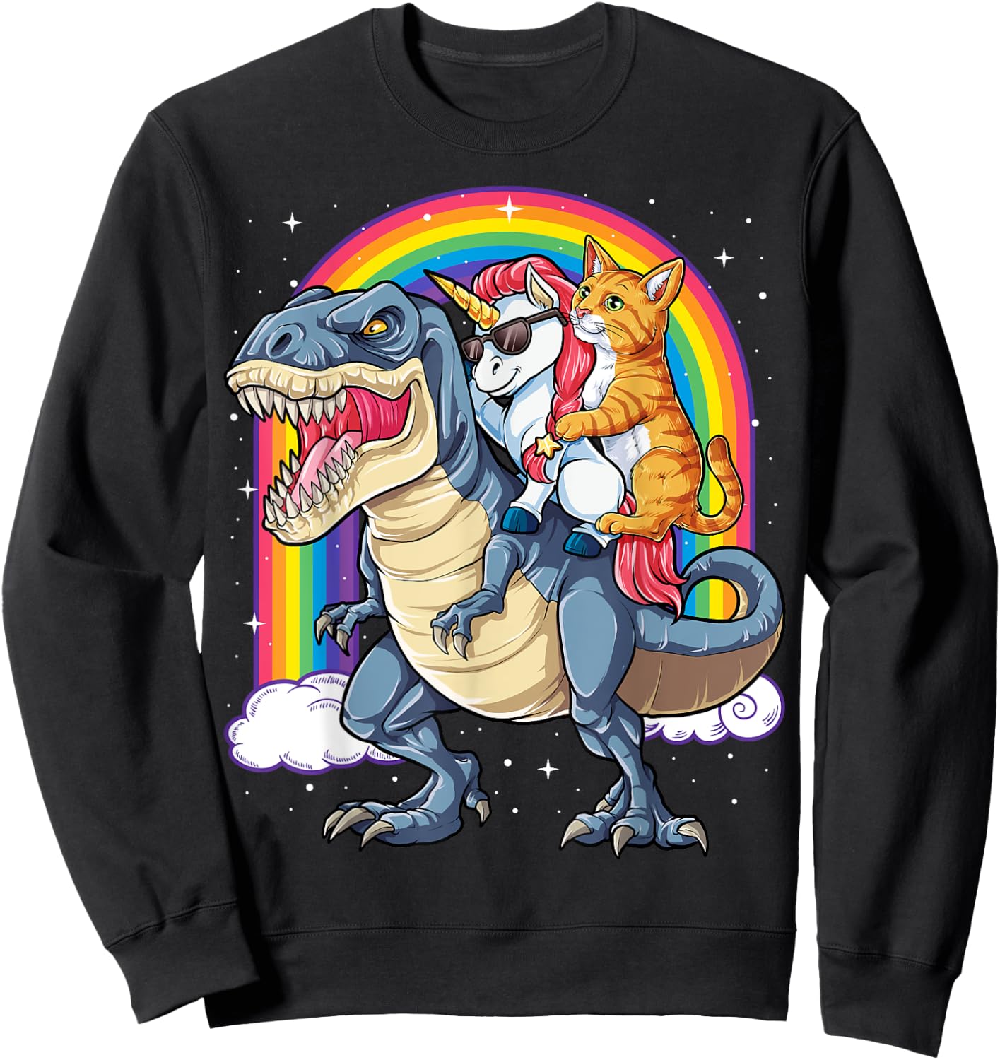 Cat Unicorn Riding Dinosaur T rex Kitten Lover Space Galaxy Women Kids Sweatshirt - Sweatshirt | Black