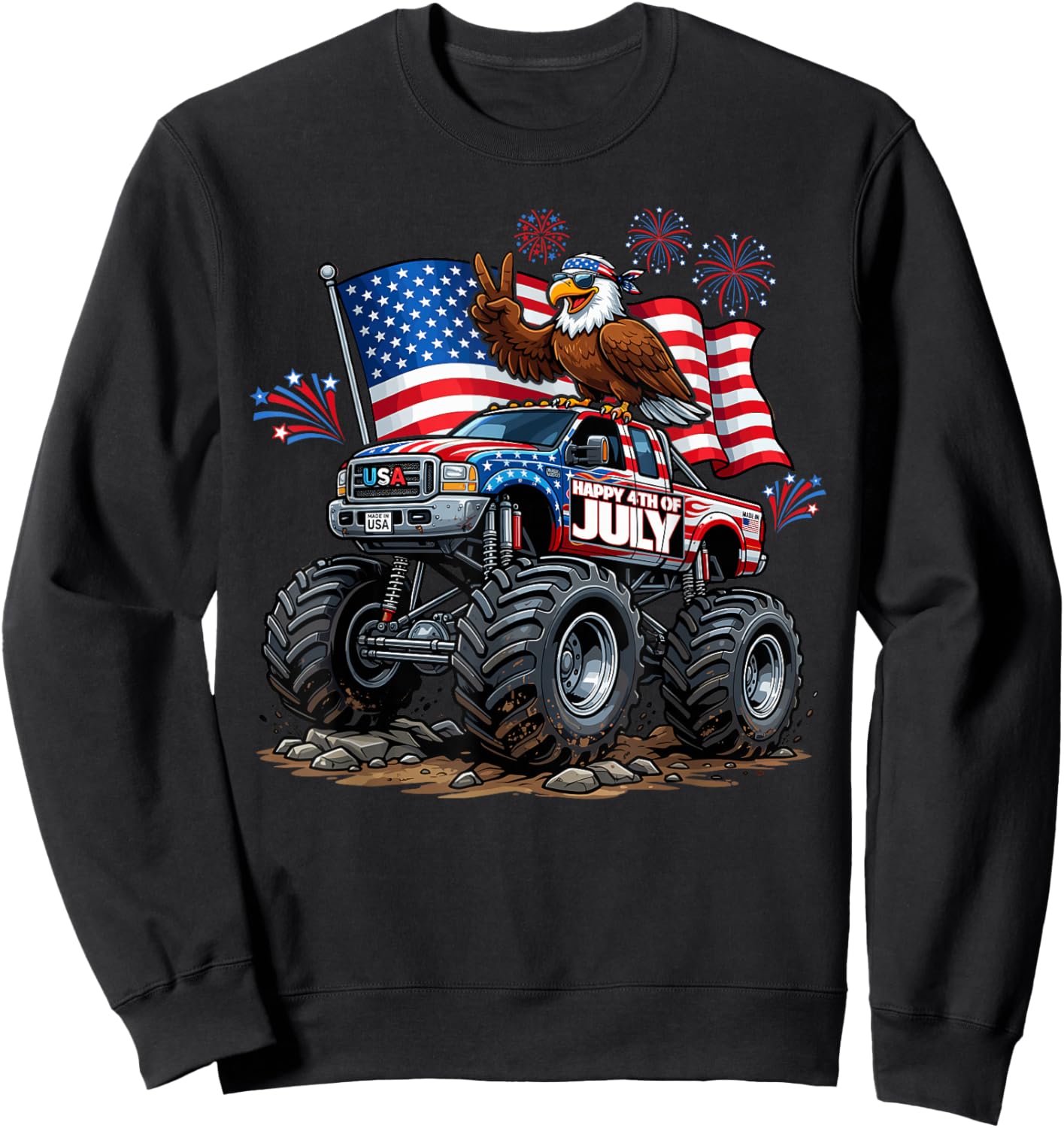 Monster Truck Bald Eagle USA Patriotic Shirt 4th of July Sweatshirt - Sweatshirt | Black
