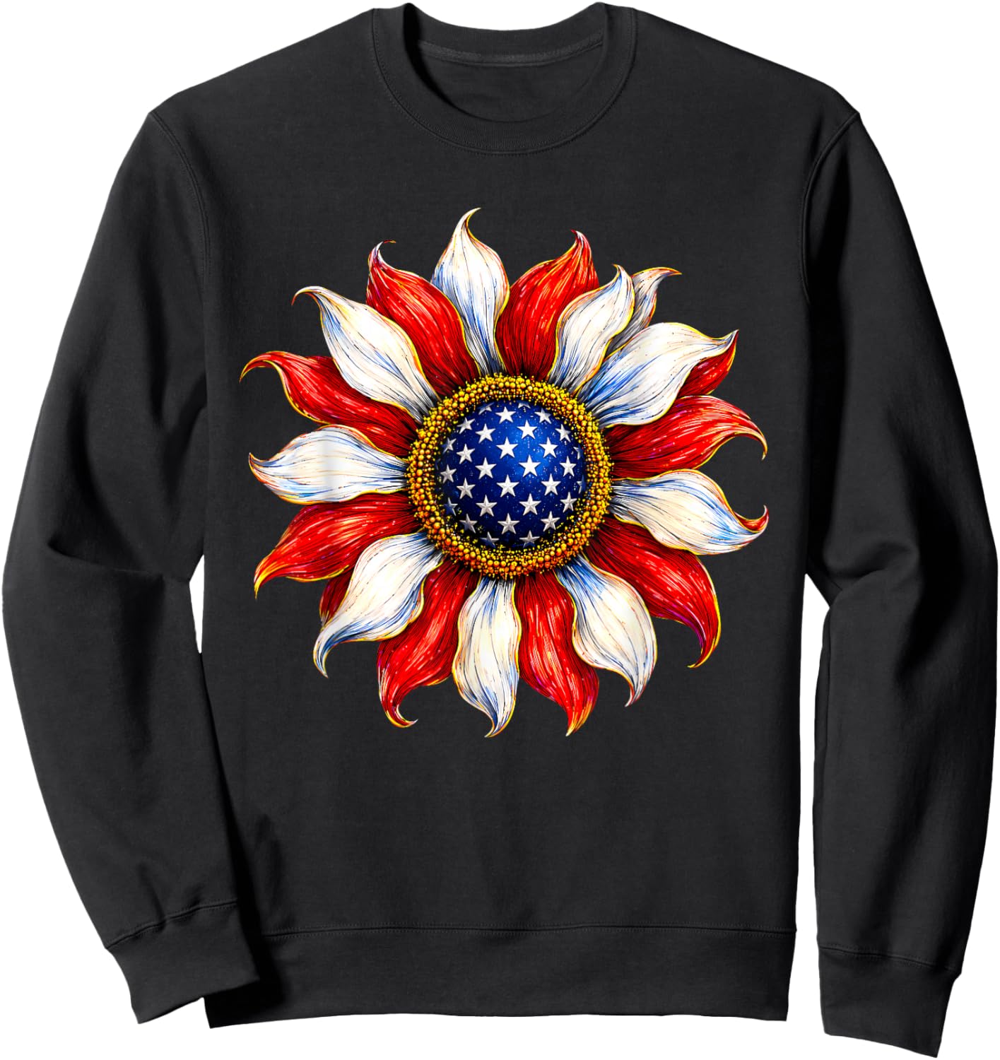 Sunflower USA American Flag 4th of July Patriotic Women Men Sweatshirt - Sweatshirt | Black