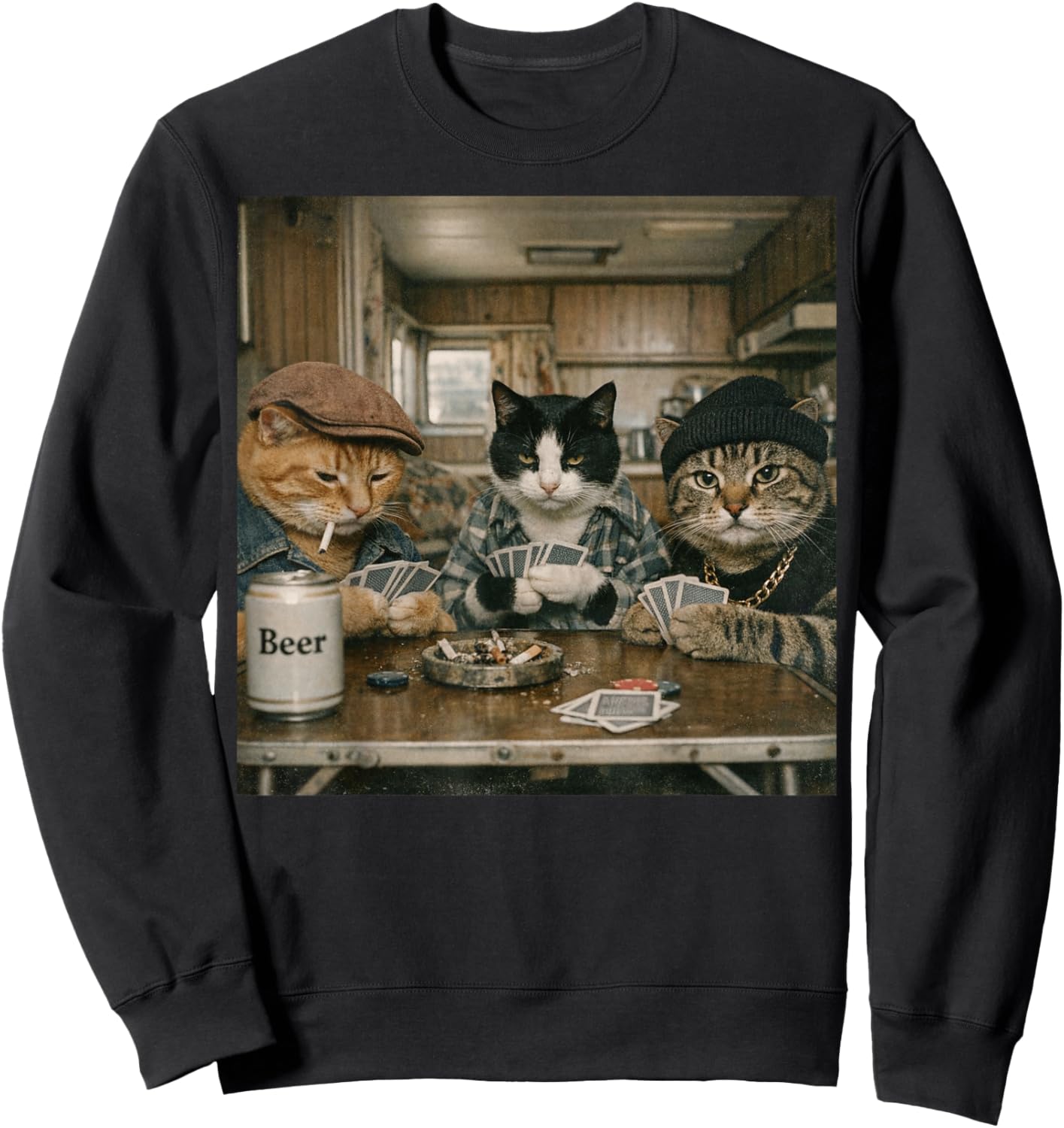 Funny Cats Playing Cards Vintage 70s Pet Owner Sweatshirt - Sweatshirt | Black