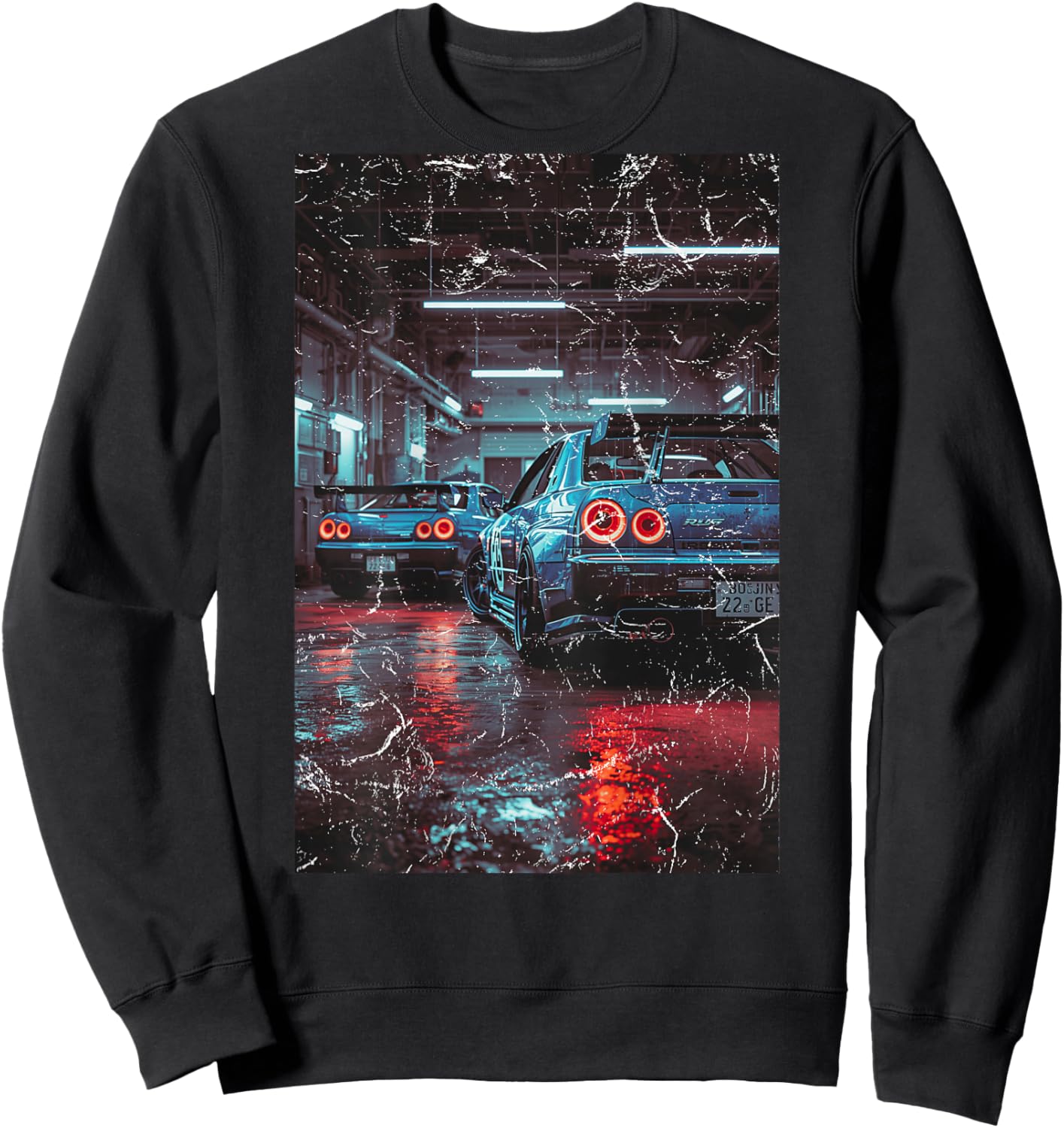 Distress Vintage JDM Race Drift Cars in The Garage (On Back) Sweatshirt - Sweatshirt | Black