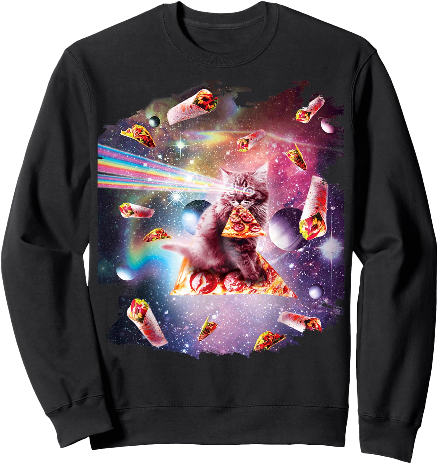 Outer Space Pizza Cat - Rainbow Laser, Taco, Burrito Sweatshirt - Sweatshirt | Black