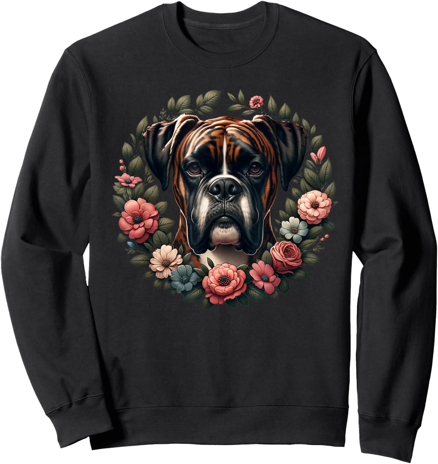 Adults & Kids Retro Floral Wreath Boxer Dog Lover - Black, Small, Short Sleeve Sweatshirt - Sweatshirt | Black