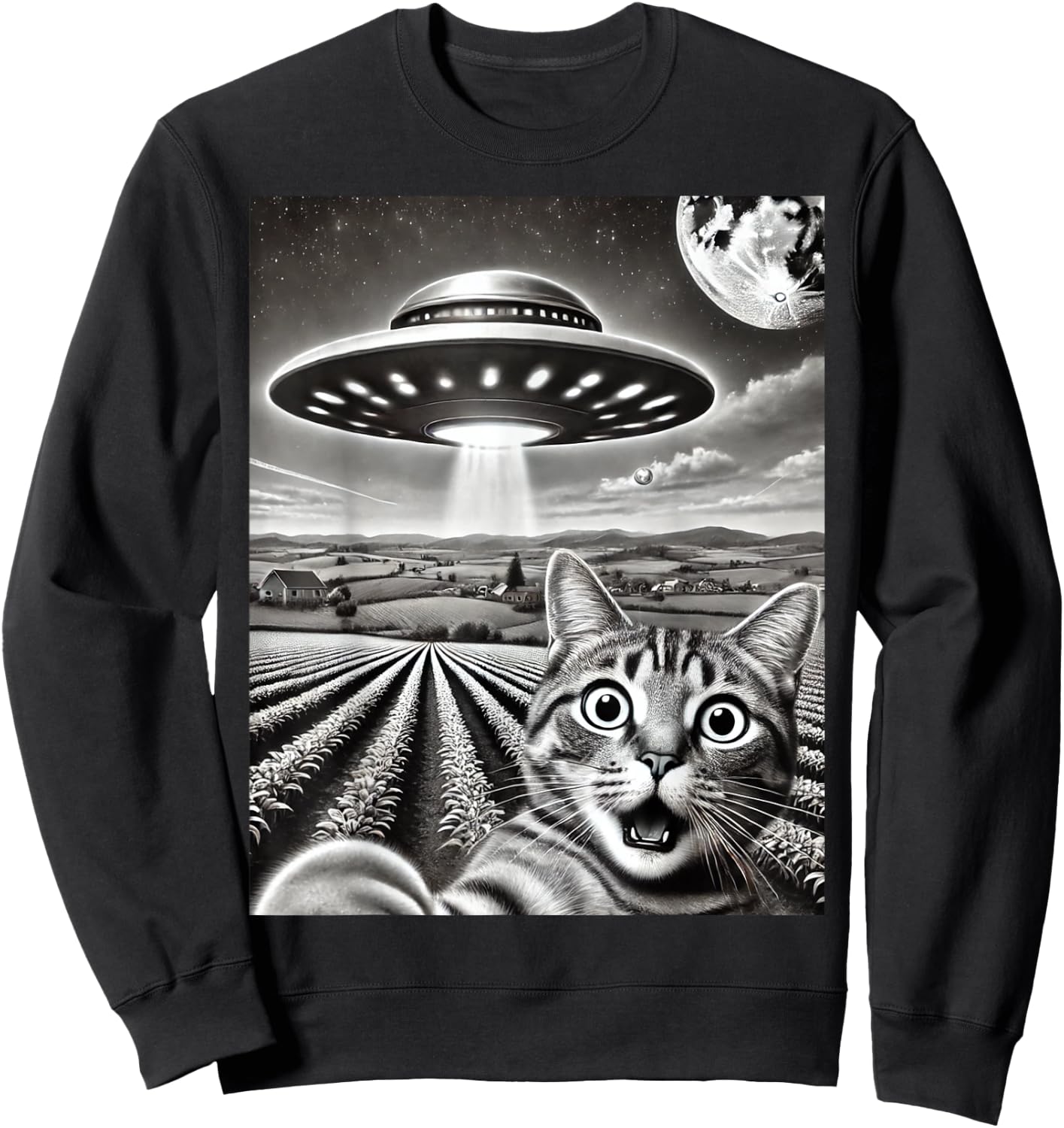 Cat Selfie With Alien UFO Funny Cat Weird Graphic Men Women Kids Sweatshirt - Sweatshirt | Black