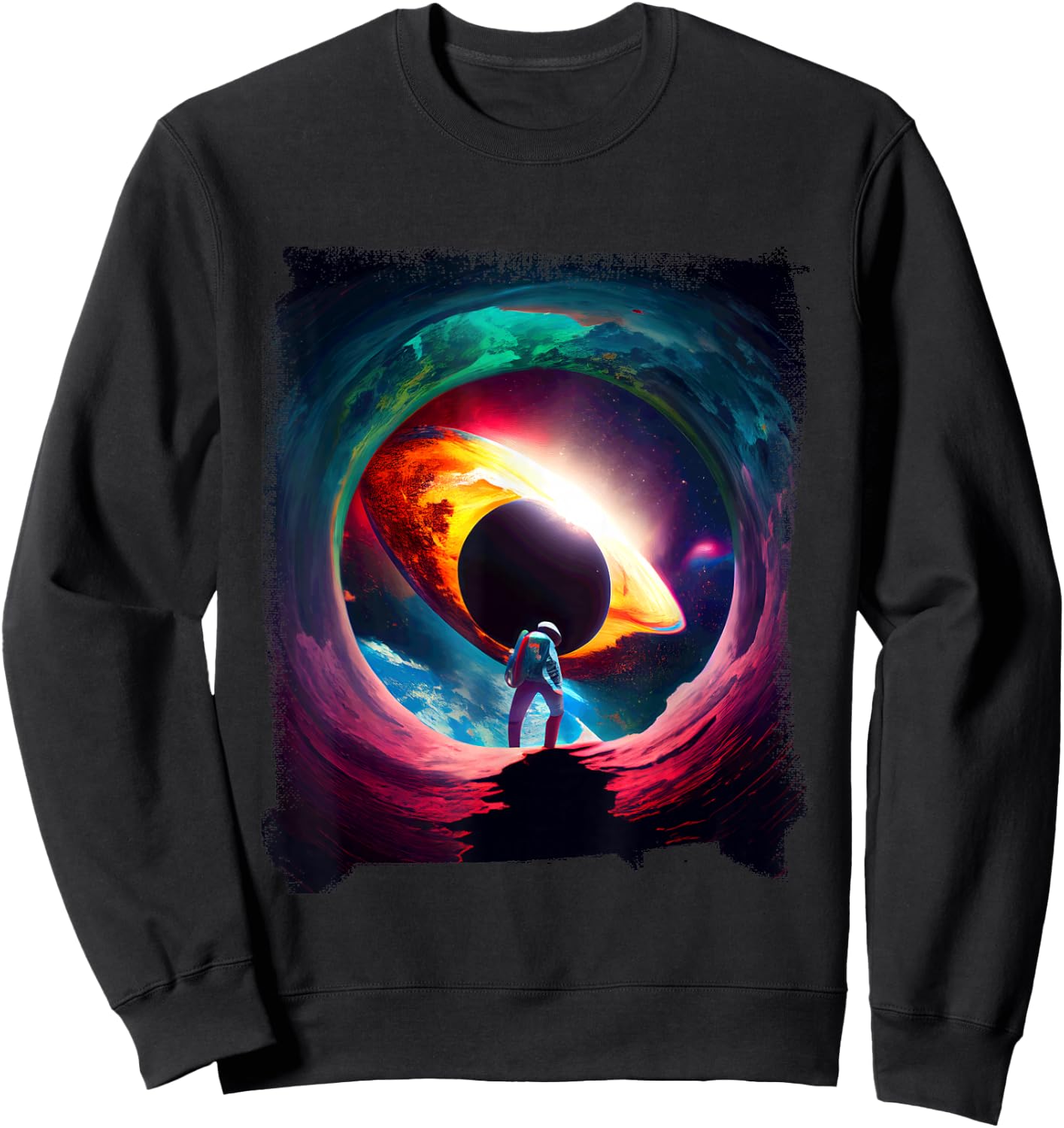Vibrant Cosmic Astronaut Black Hole Sweatshirt - Sweatshirt | Black