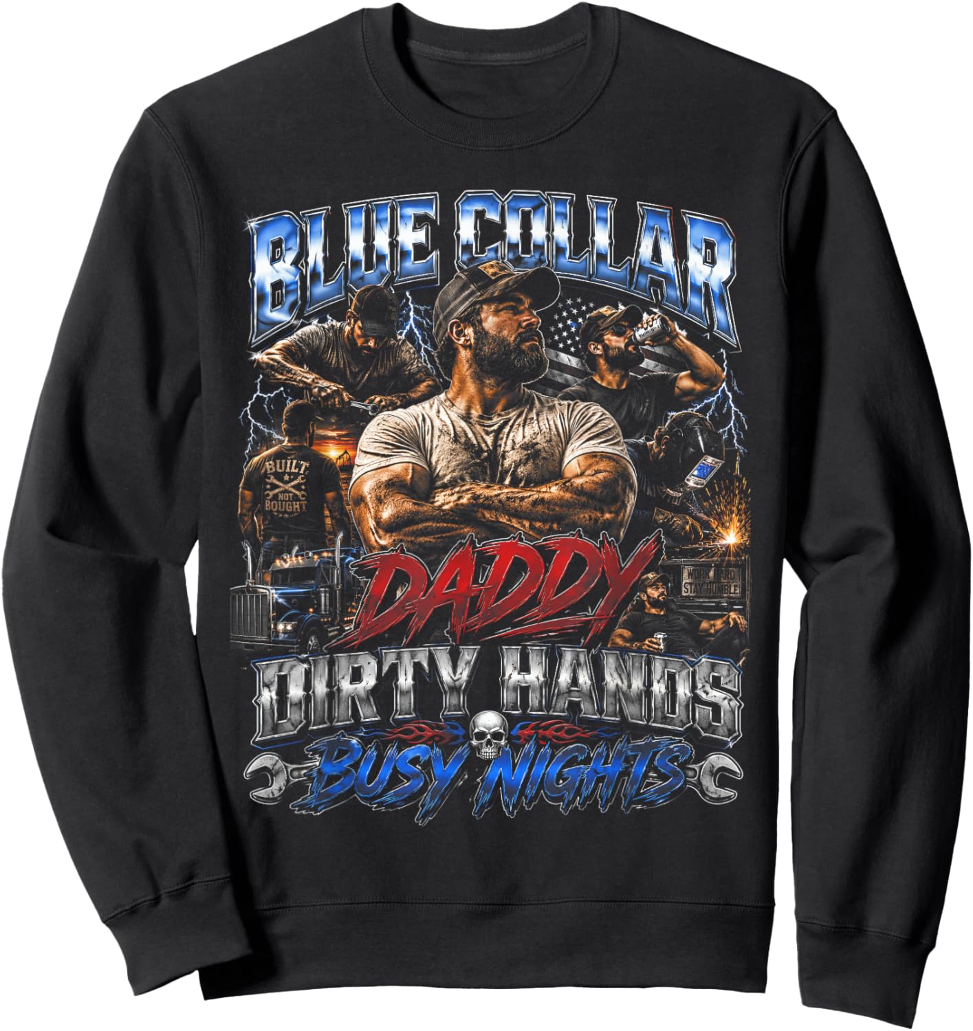 Blue Collar Daddy Dirty Hands Busy Nights Retro Sweatshirt - Sweatshirt | Black