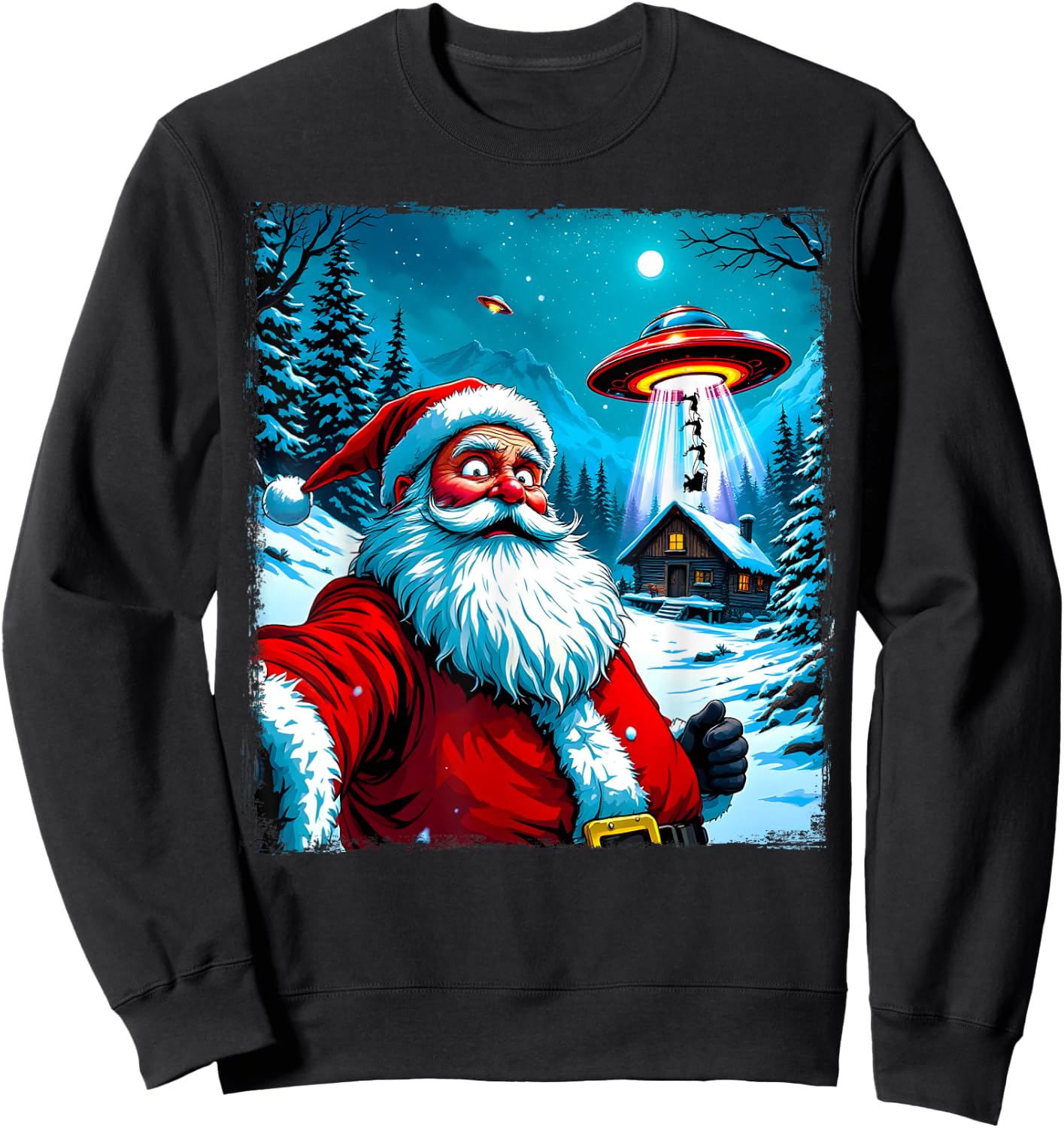 Santa Claus Alien Abduction Christmas UFO Encounter Cartoon Sweatshirt - Sweatshirt | Black