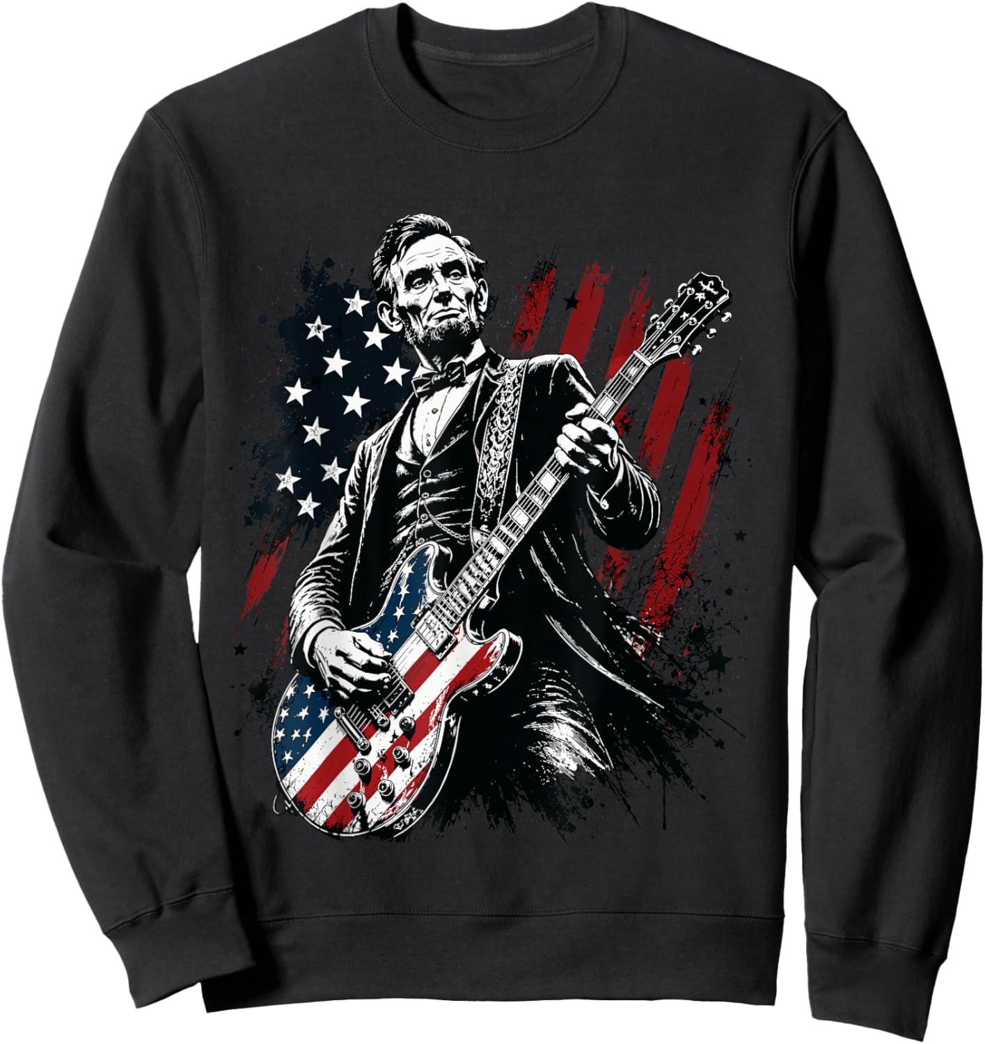Abraham Lincoln Playing Electric Guitar Rocker USA Flag Sweatshirt - Sweatshirt | Black