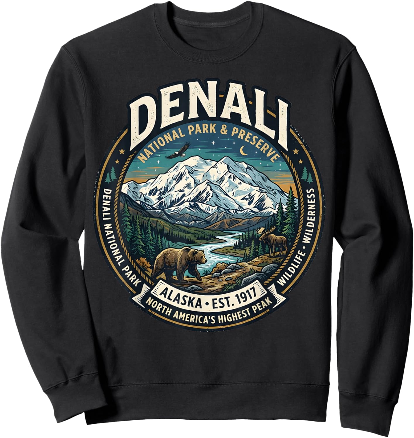 Denali National Park Alaska Mountain Wildlife Vintage Badge Sweatshirt - Sweatshirt | Black