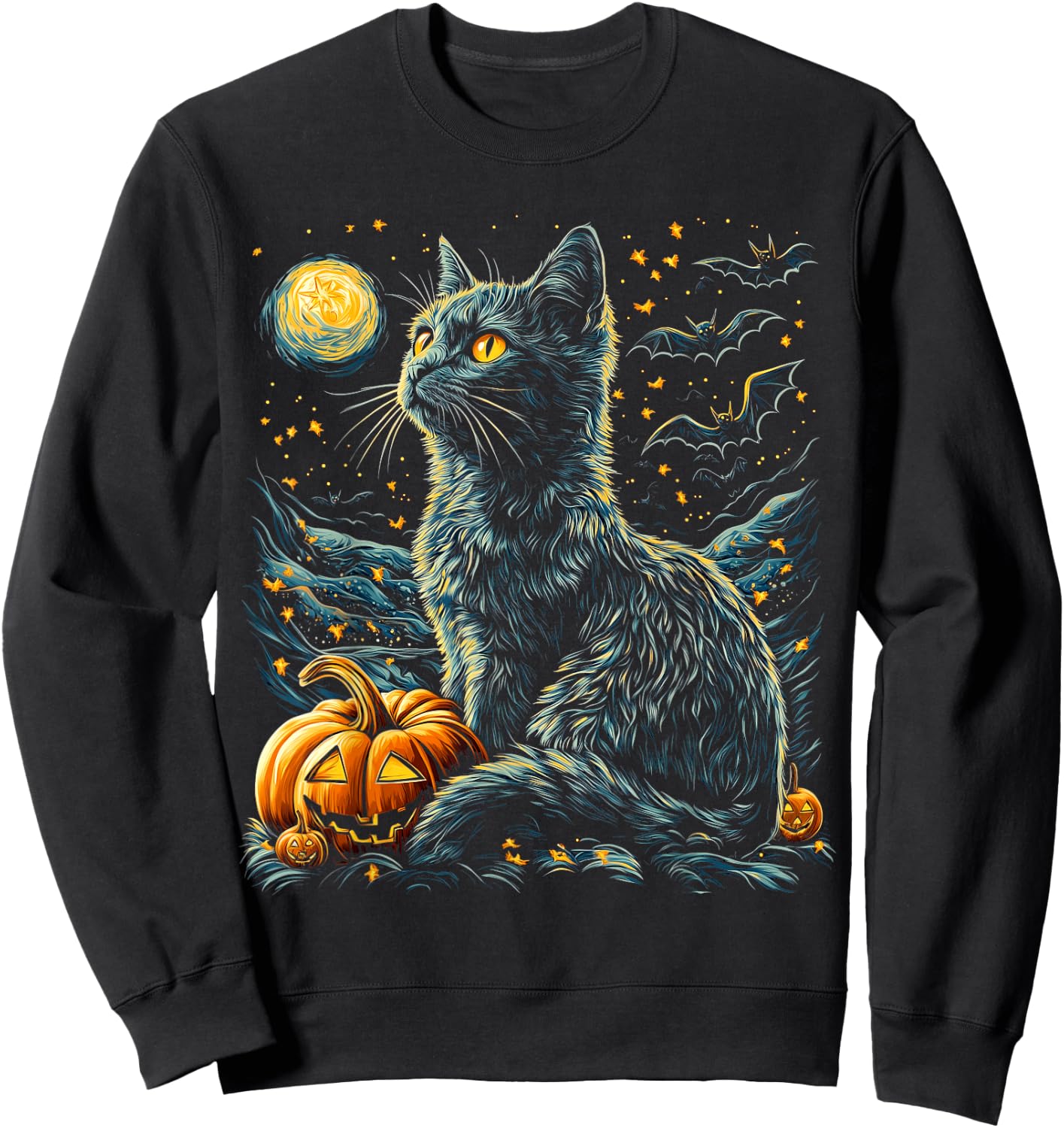 Halloween Van Gogh Starry Night Black Cat Pumpkins Bats Sweatshirt - Sweatshirt | Black