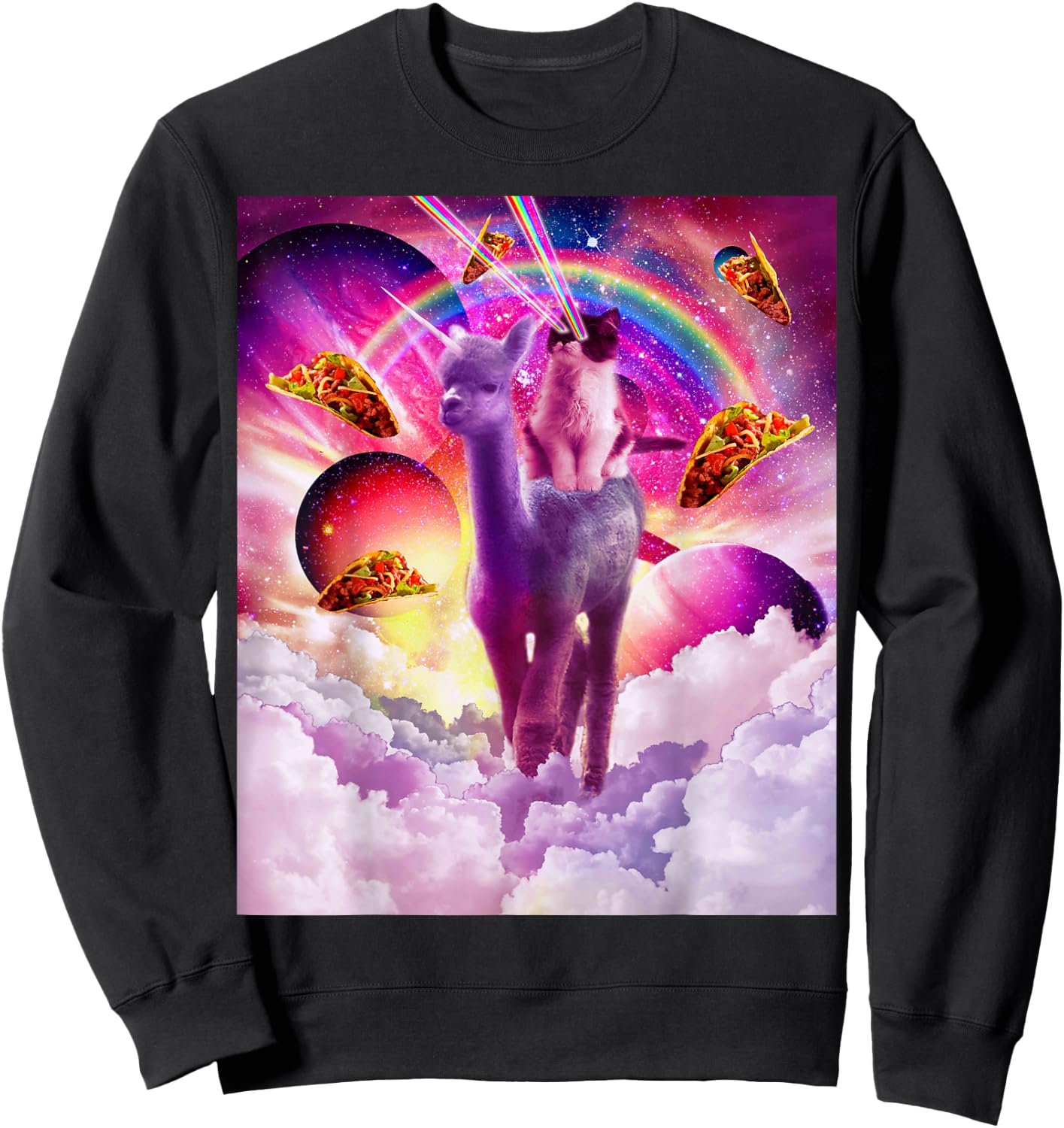 Cosmic Cat Riding Alpaca Unicorn Sweatshirt - Sweatshirt | Black