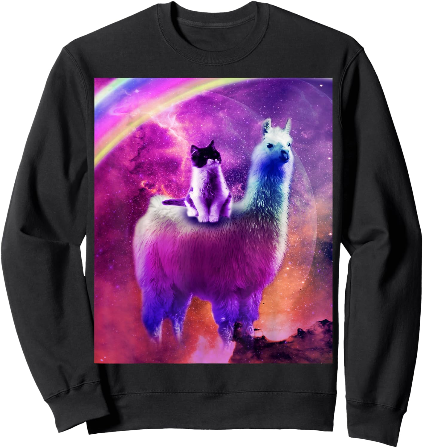 Kitty Cat Riding On Rainbow Llama In Space Sweatshirt - Sweatshirt | Black