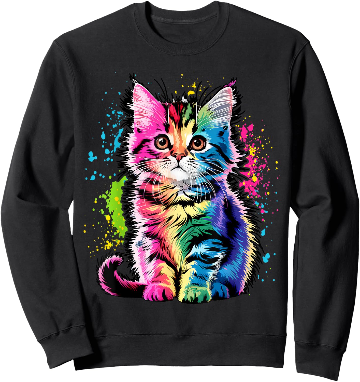 Colorful Cute Funny Rainbow Kitten Rave Psychedelic Cat Women Kids Sweatshirt - Sweatshirt | Black