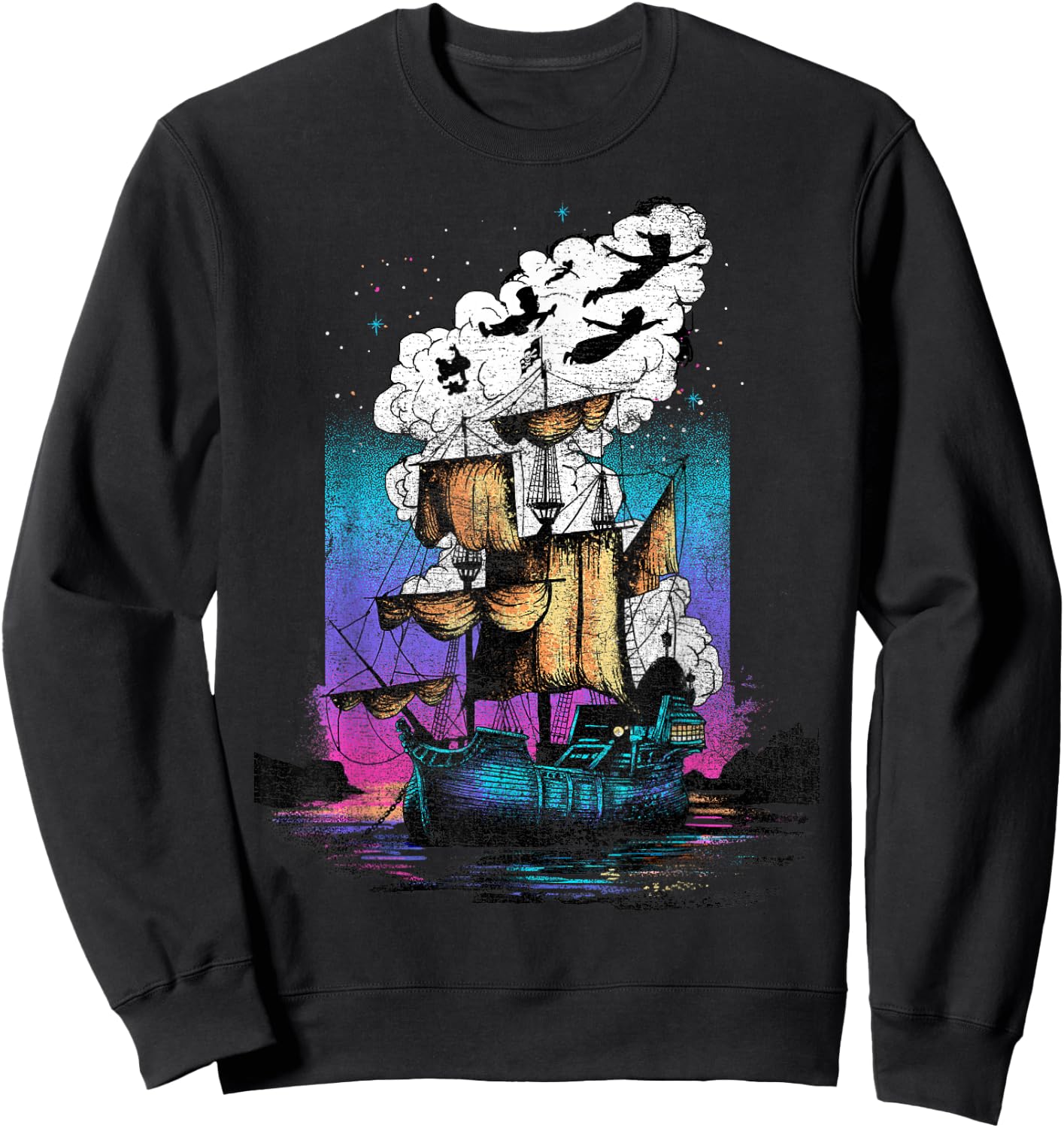 Disney Peter Pan Pirate Ship Flight Neon Graphic Sweatshirt - Sweatshirt | Black
