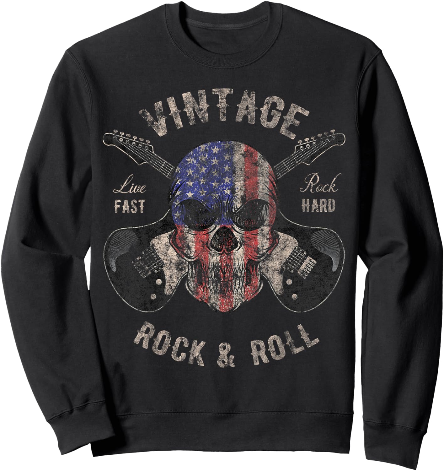 American Flag Guitar Vintage Rock and Roll Skull Guitarist Sweatshirt - Sweatshirt | Black