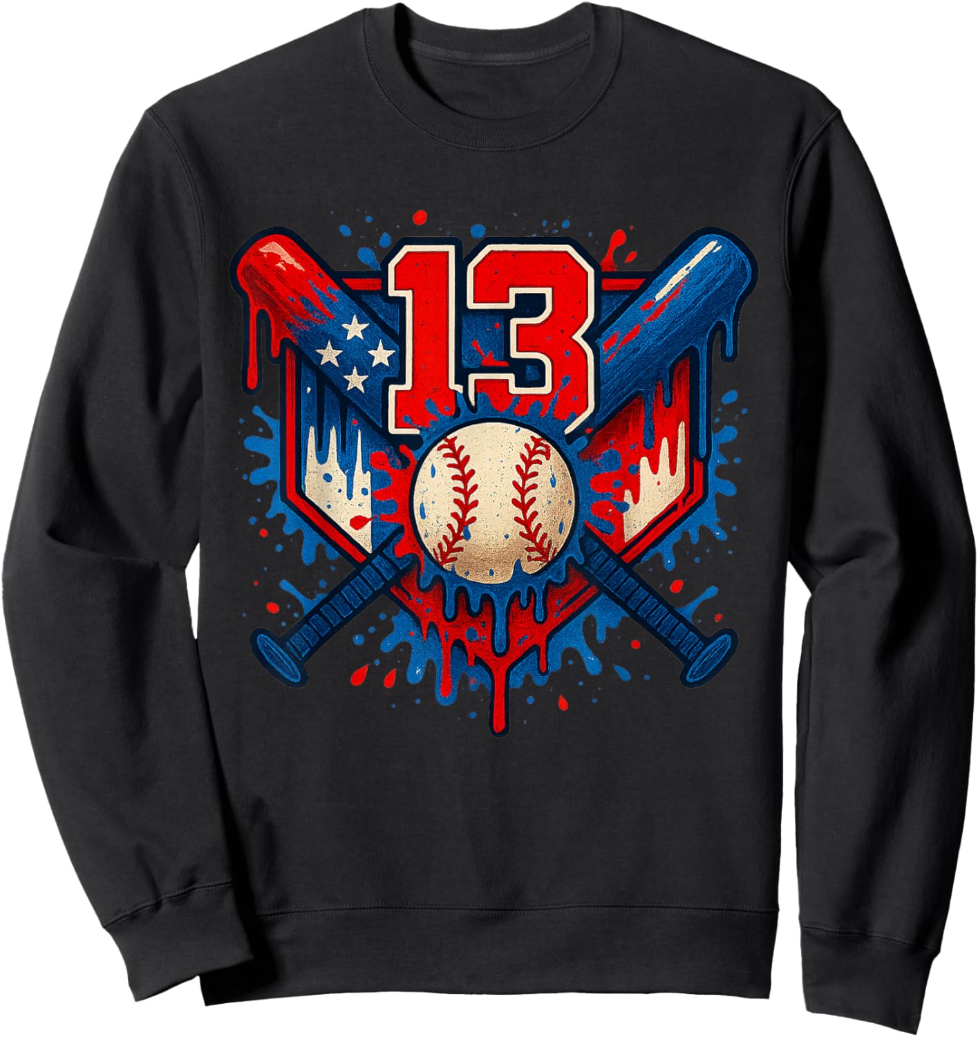 Baseball 13 Year Old Splash Drip 13th Birthday Boy Number 13 Sweatshirt - Sweatshirt | Black