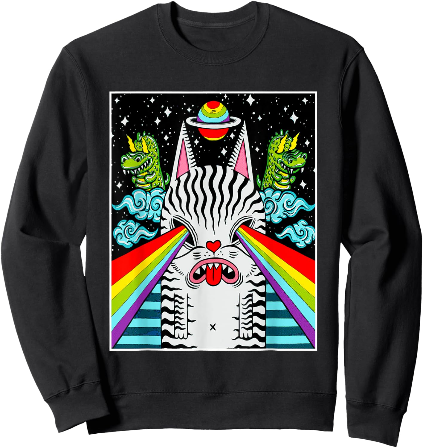 Trippy Psychedelic Rainbow Space Cat Dinosaur Pop Art Shirt Sweatshirt - Sweatshirt | Black