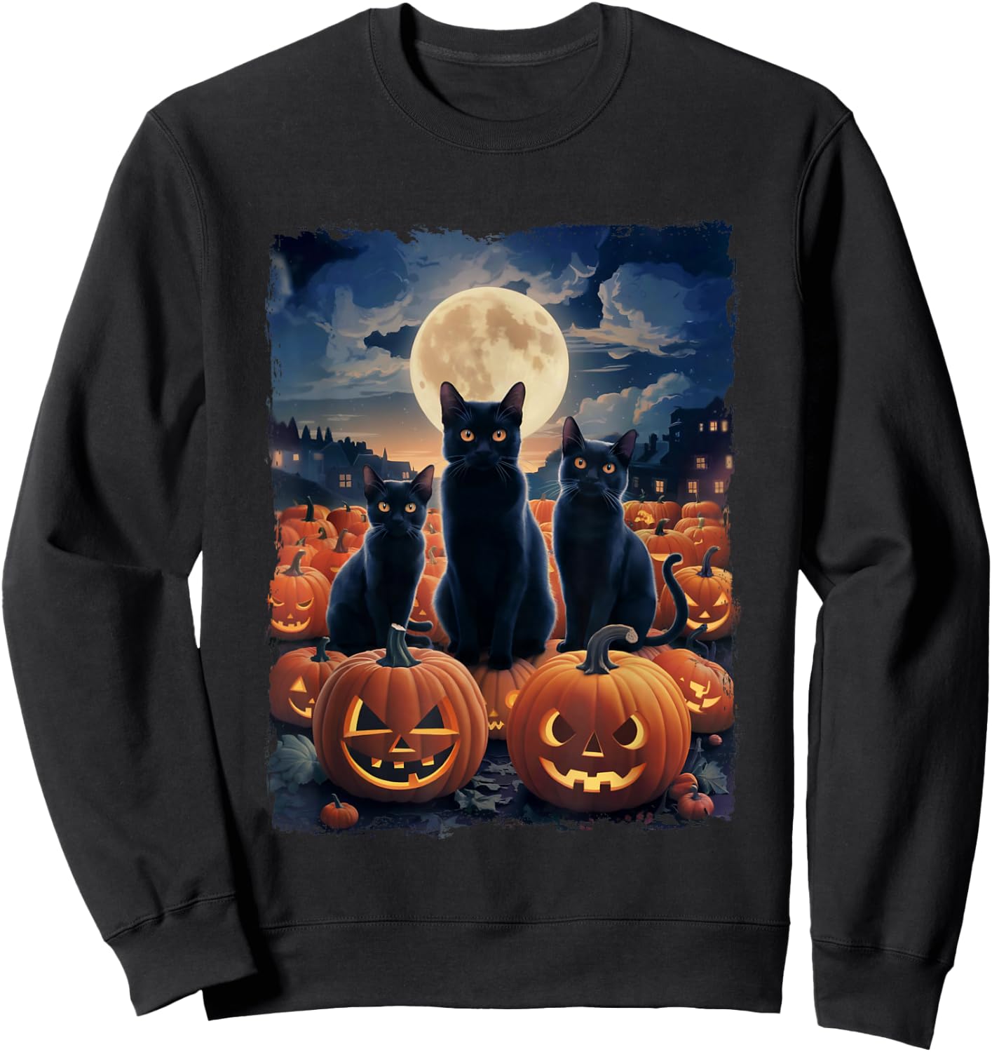 3 Black Cats Men & Cat Lovers Starry Night Halloween Sweatshirt - Sweatshirt | Black