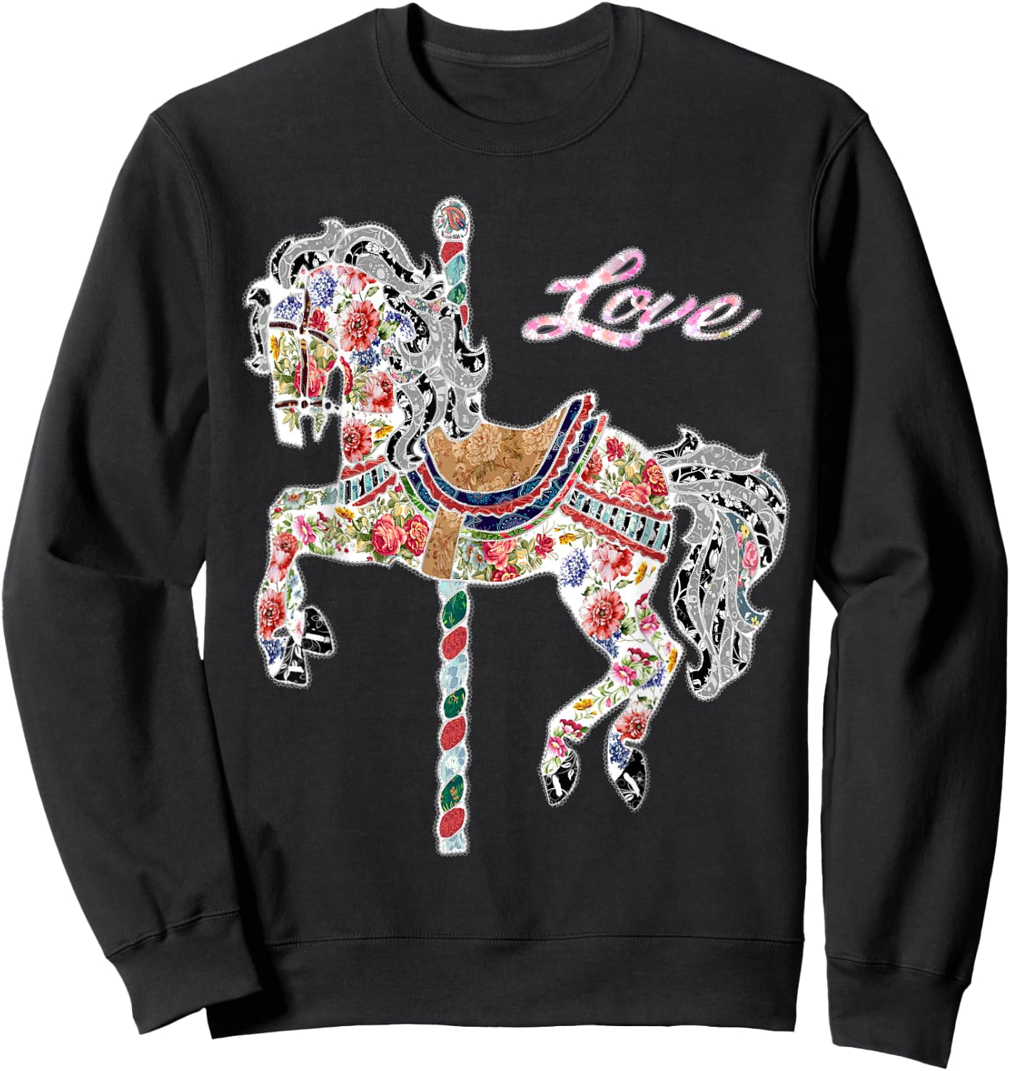 Carousel horse vintage illustration quilting style shirt. Sweatshirt - Sweatshirt | Black