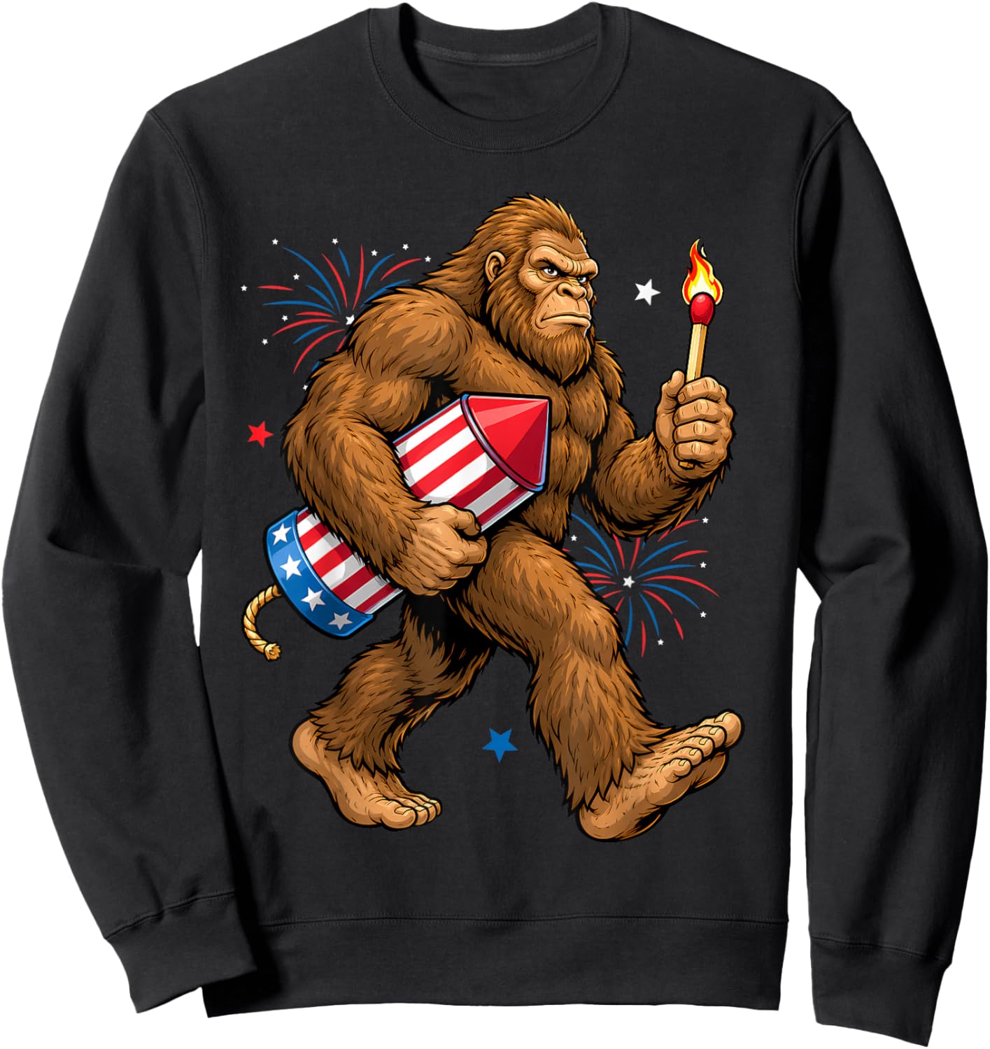 Funny Bigfoot Sasquatch American Flag Fireworks 4th of July Sweatshirt - Sweatshirt | Black