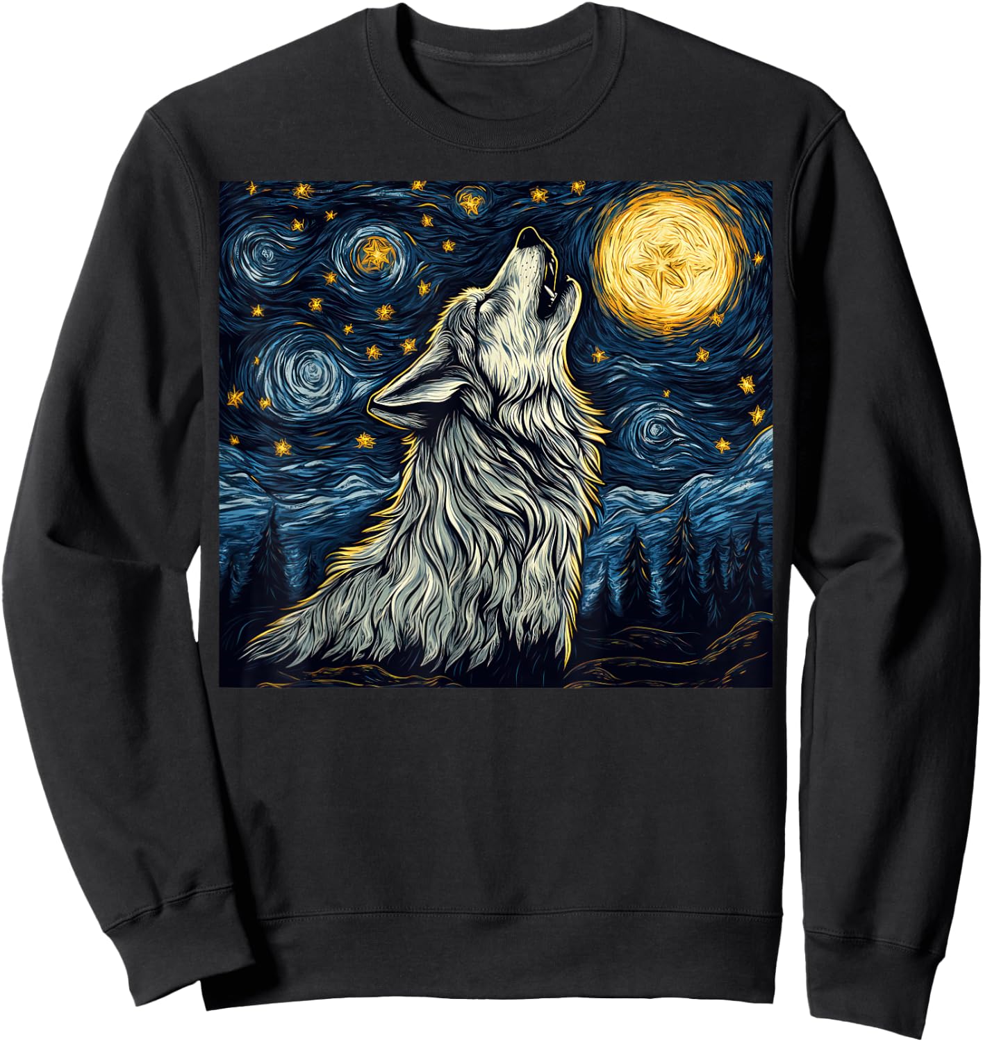 Wolf Starry Night Howling Moon Funny Van Gogh Graphic Sweatshirt - Sweatshirt | Black