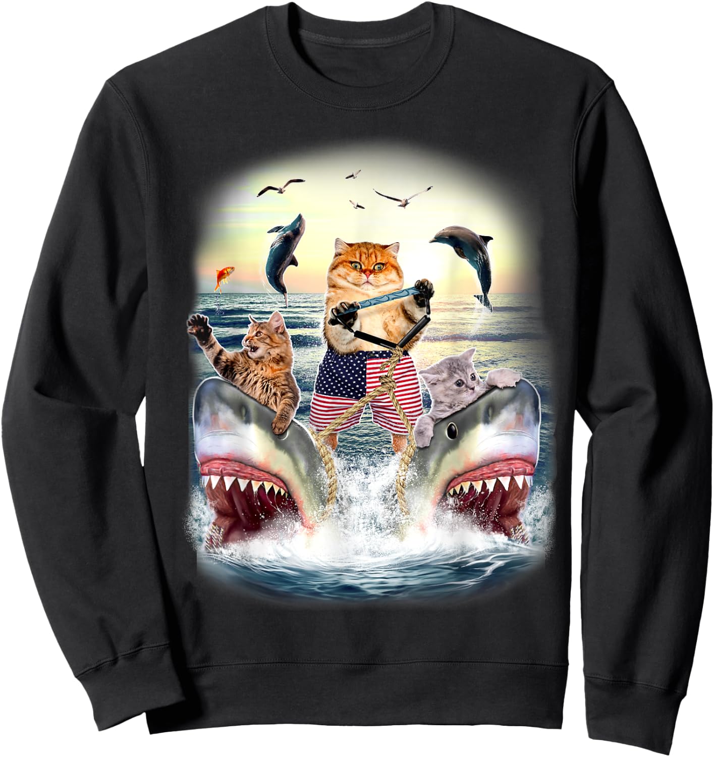 Cat Waterski With Sharks Sunset Sweatshirt - Sweatshirt | Black
