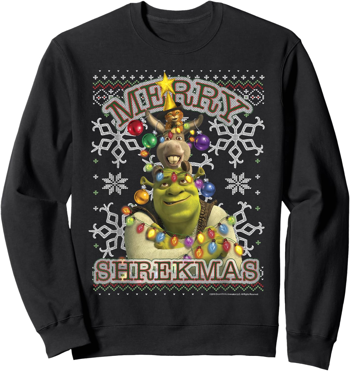 Shrek Donkey & Puss Merry Shrekmas Holiday Text Poster Sweatshirt - Sweatshirt | Black