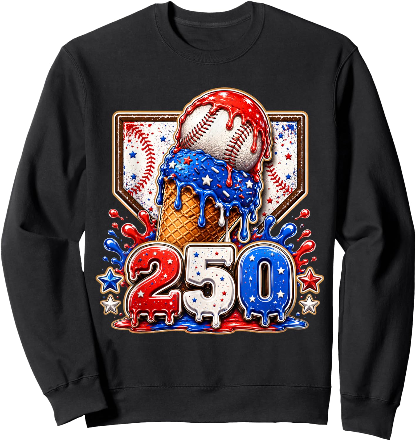 America 250 Years Baseball Boys Ice Cream Funny Drip Sweatshirt - Sweatshirt | Black