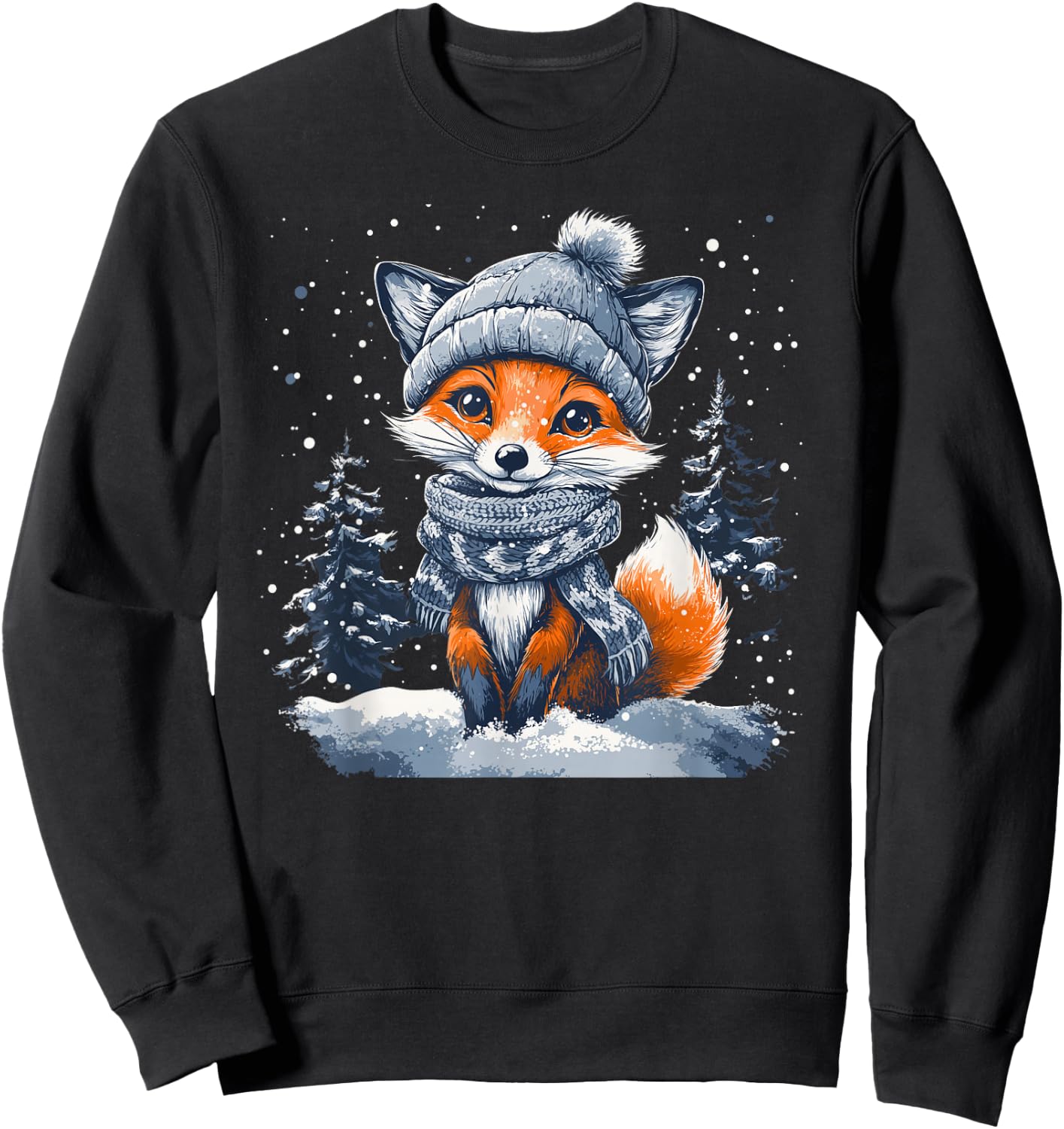 Fox Wearing Winter Hat & Scarf Snowy Christmas Scene Sweatshirt - Sweatshirt | Black