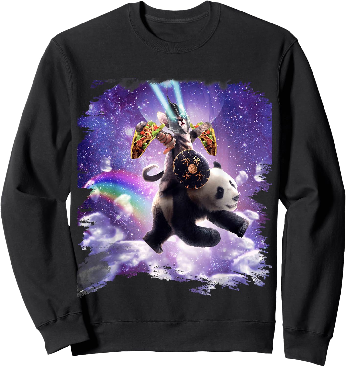 Lazer Warrior Space Cat Riding Panda With Taco Sweatshirt - Sweatshirt | Black