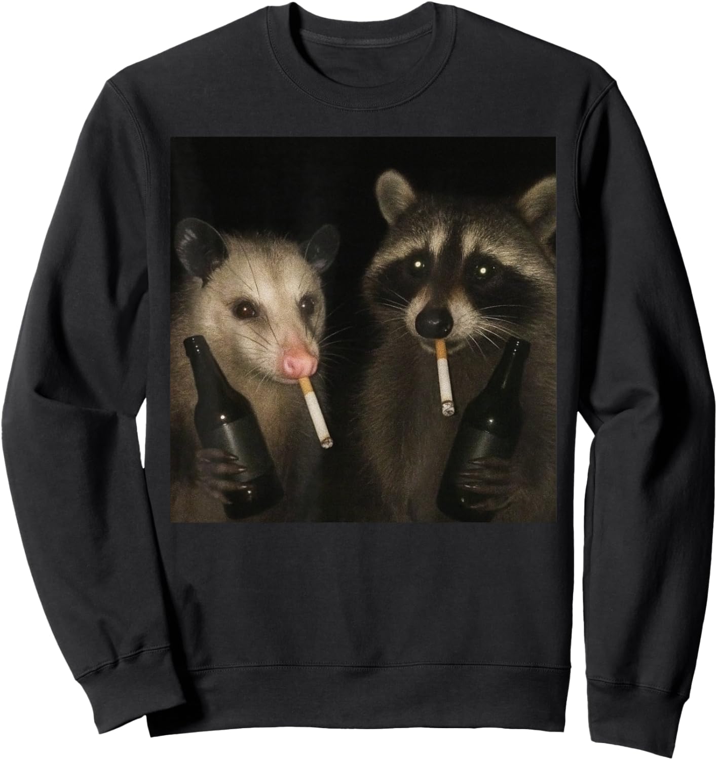 Funny Raccon and an Opossum Smoking Cigarette and Drinking Sweatshirt - Sweatshirt | Black