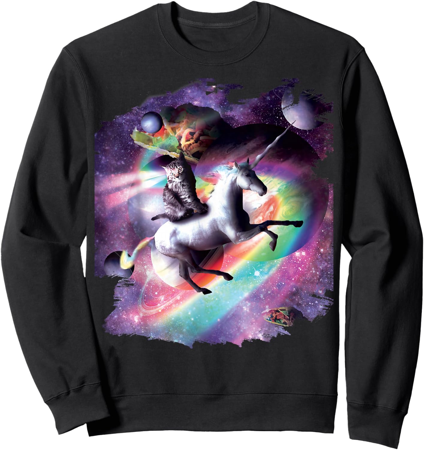 Space Cat Riding Unicorn - Laser, Tacos and Rainbow Sweatshirt - Sweatshirt | Black