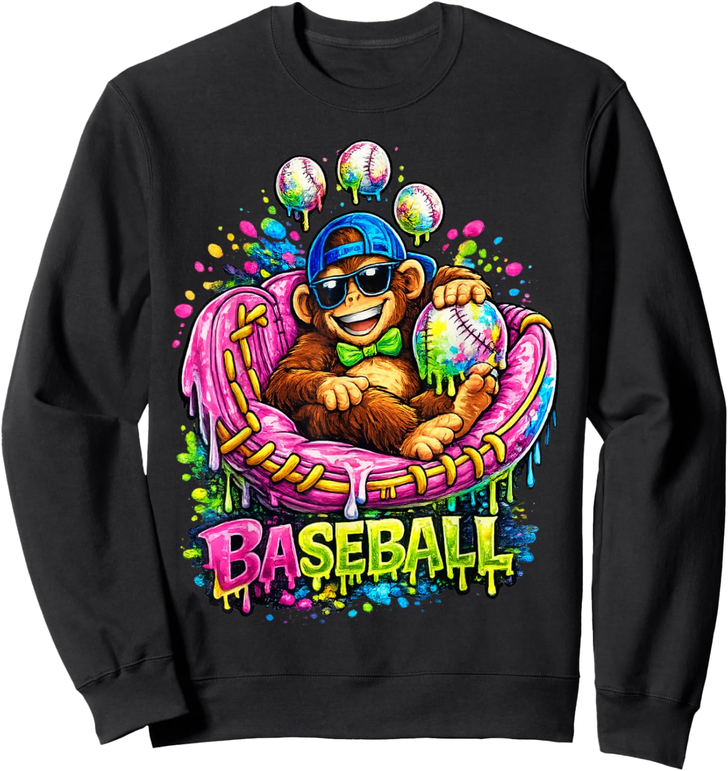 Monkey Funny Animals Baseball Ice Cream Drip Cool Sweatshirt - Sweatshirt | Black