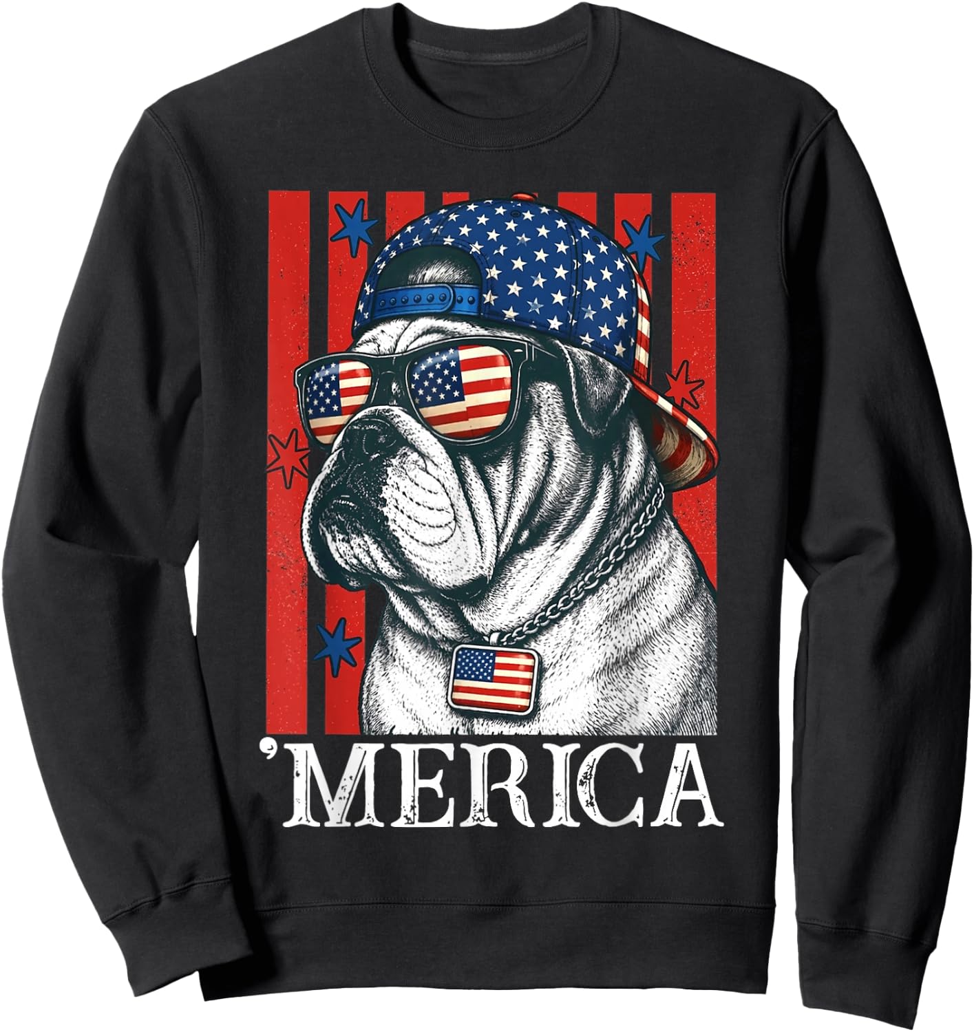 Merica Dog Patriotic English Bulldog American Flag Sweatshirt - Sweatshirt | Black
