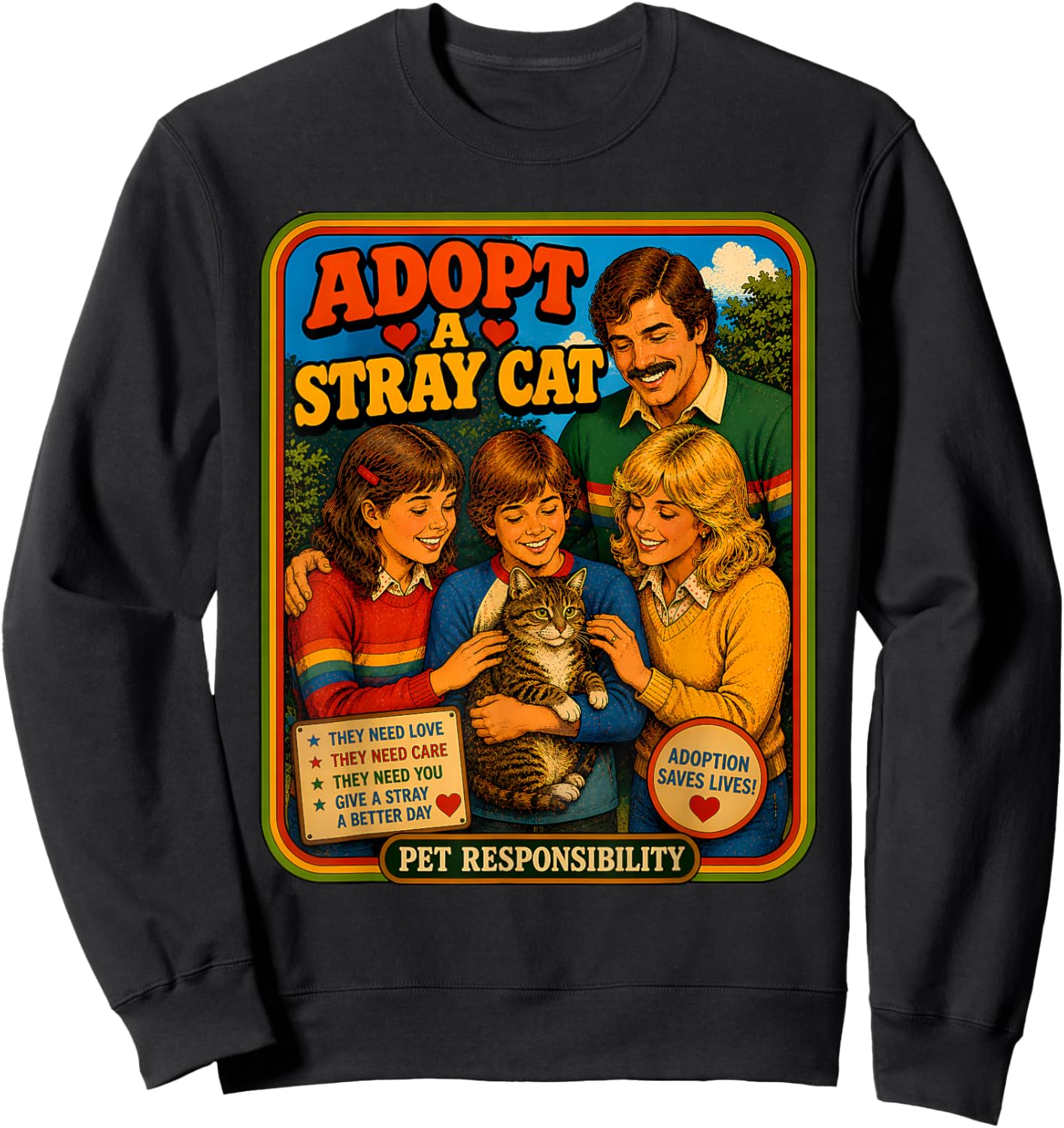 Adopt A Stray Cat Rescue Awareness Pet Adoption Retro 70s Sweatshirt - Sweatshirt | Black