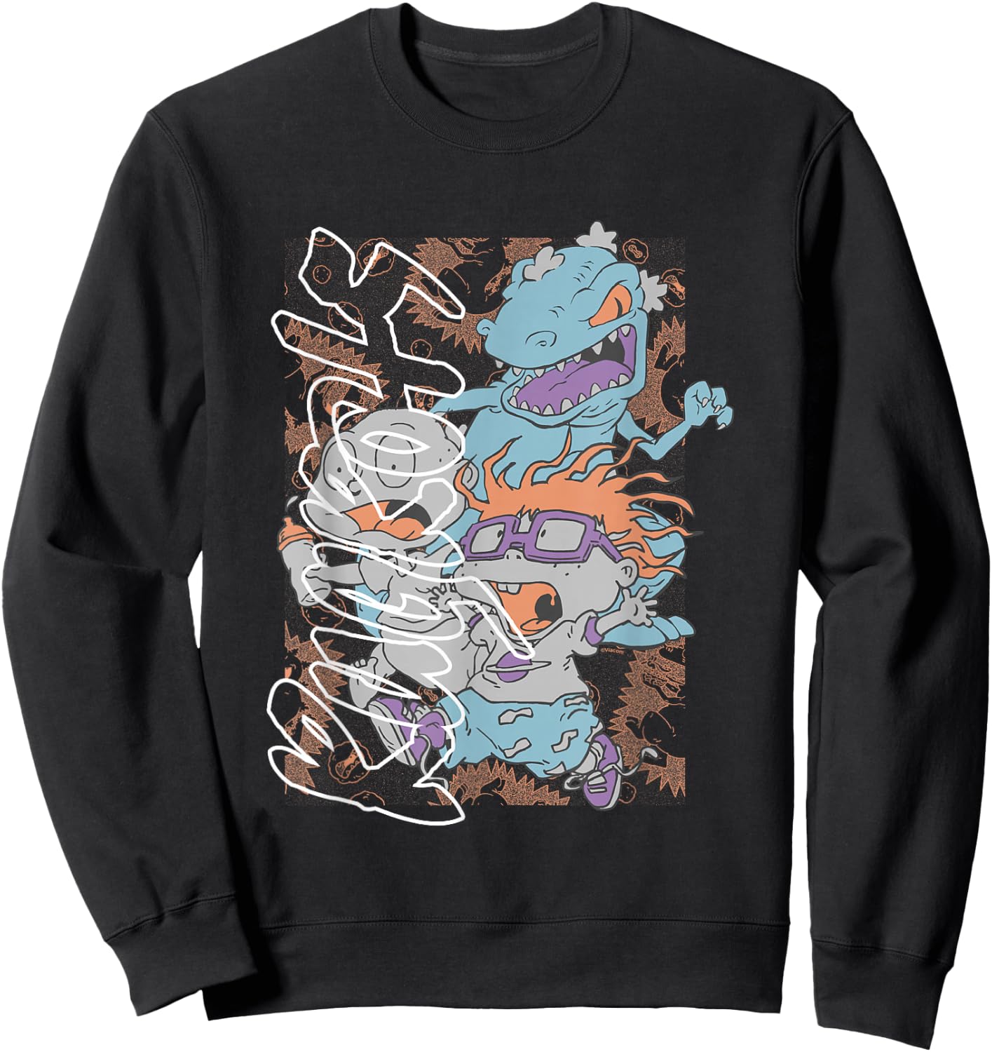 Rugrats Running From Reptar Tommy & Chuckie Retro Poster Sweatshirt - Sweatshirt | Black