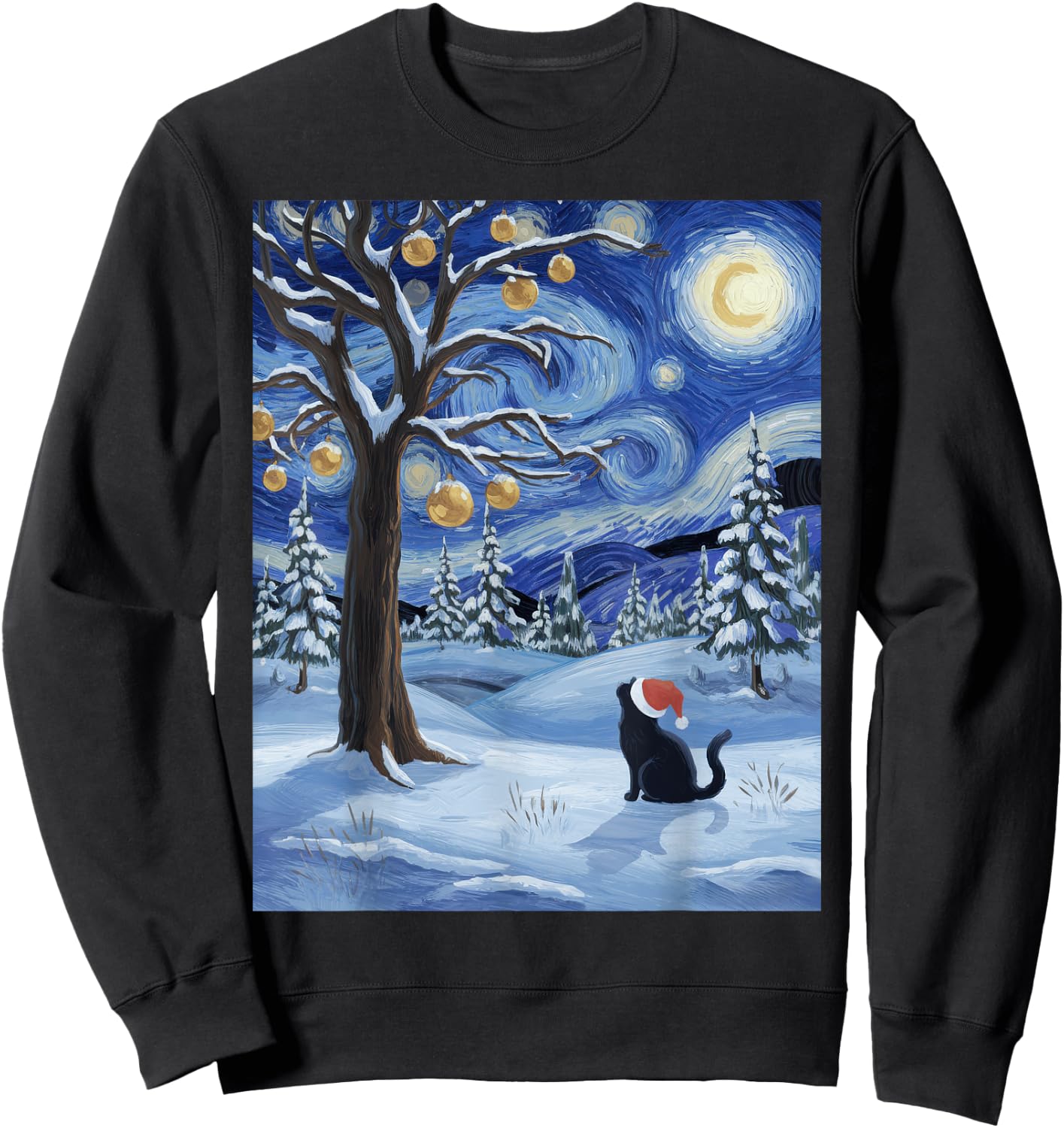 Starry Night Festive Christmas Cat Santa Winter Xmas Women Kids Sweatshirt - Sweatshirt | Black