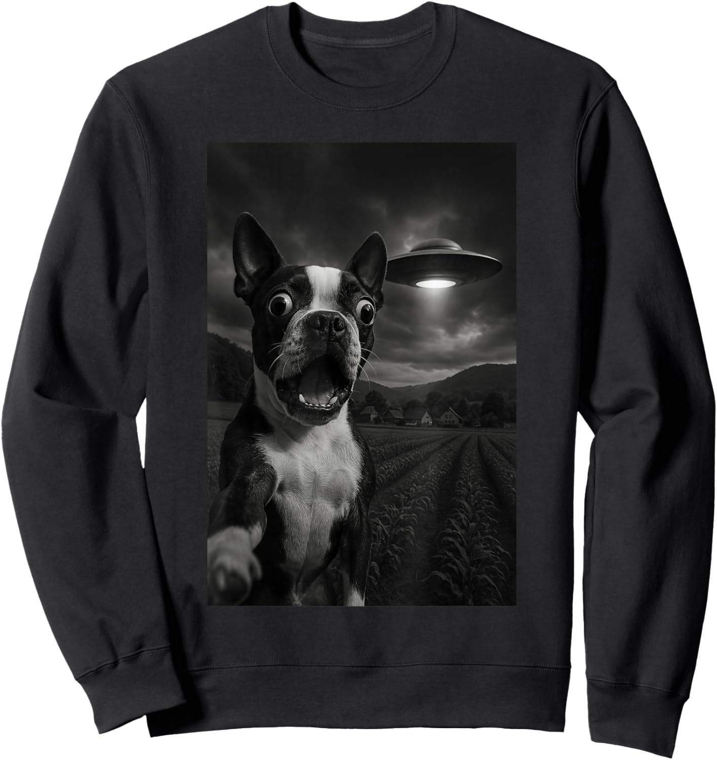 Boston Terrier UFO Encounters Selfie Sweatshirt - Sweatshirt | Black